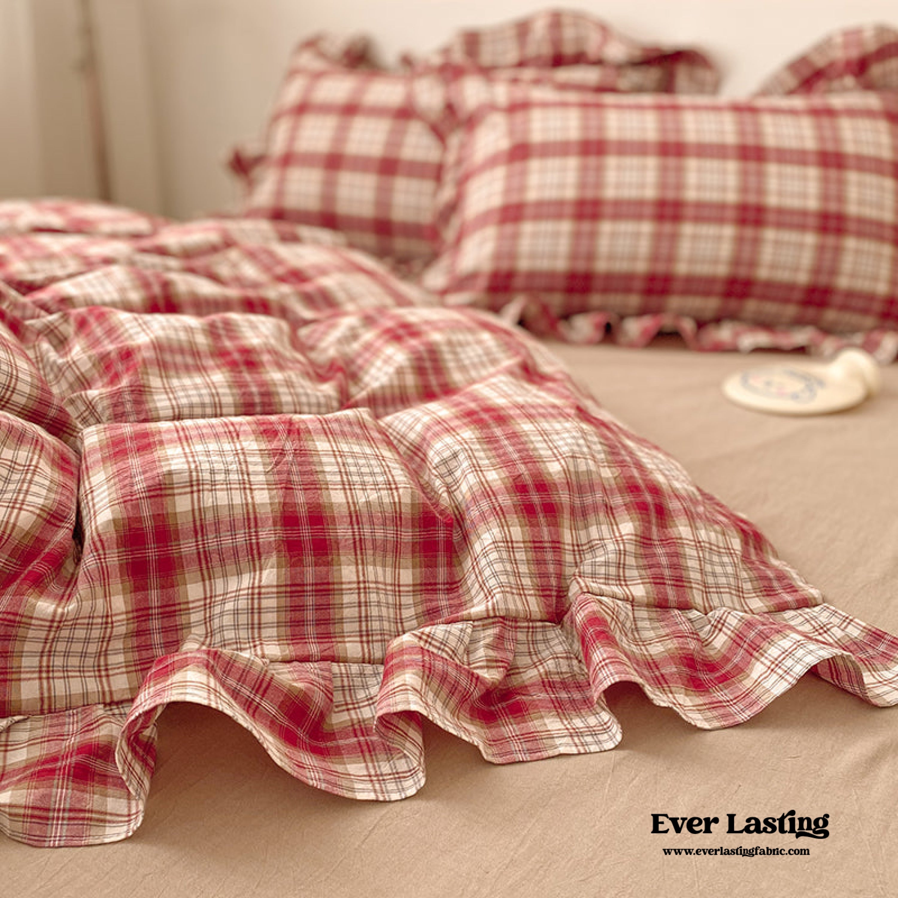 Plaid Ruffle Bedding Set - Green