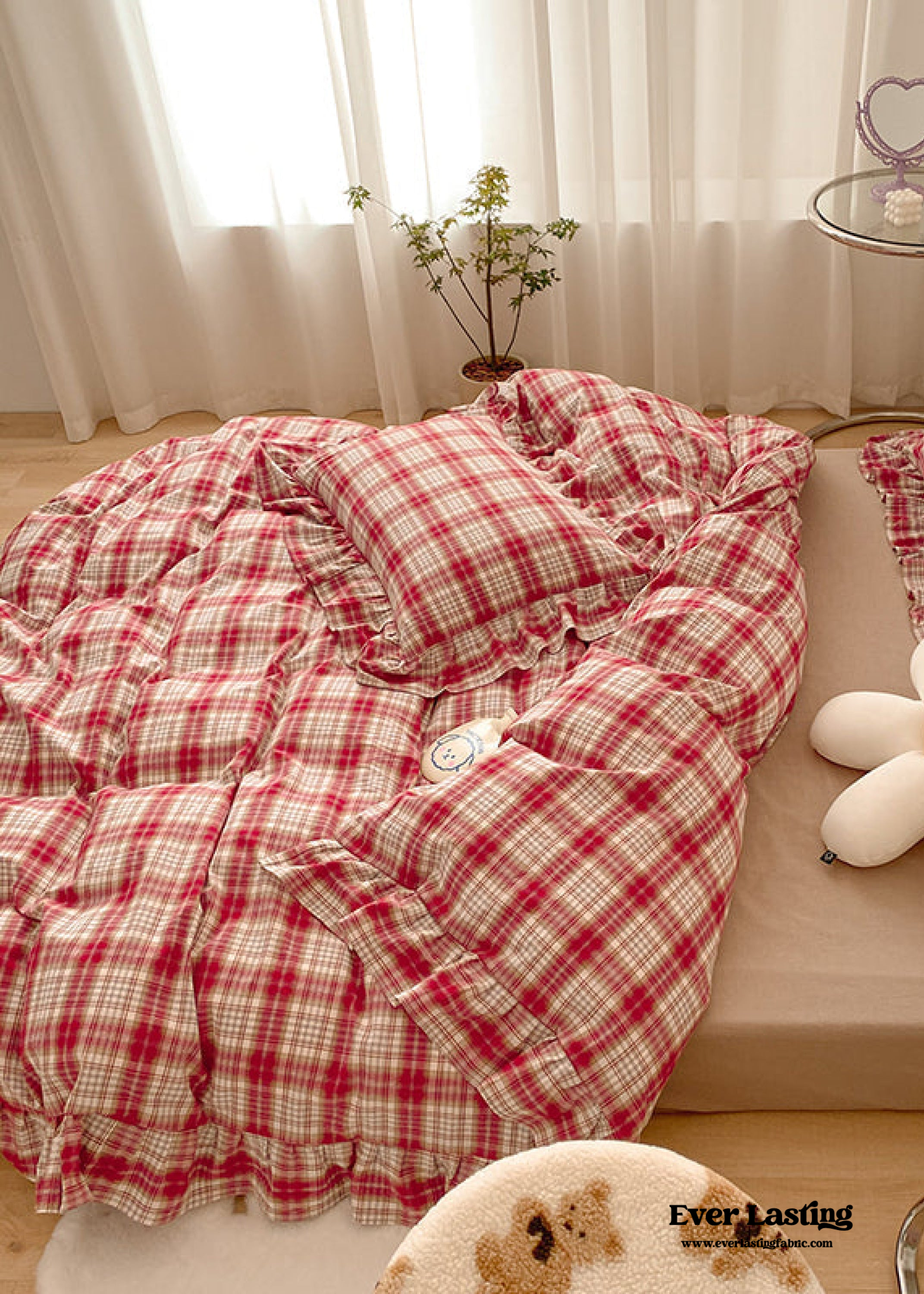 Plaid Ruffle Bedding Set - Green
