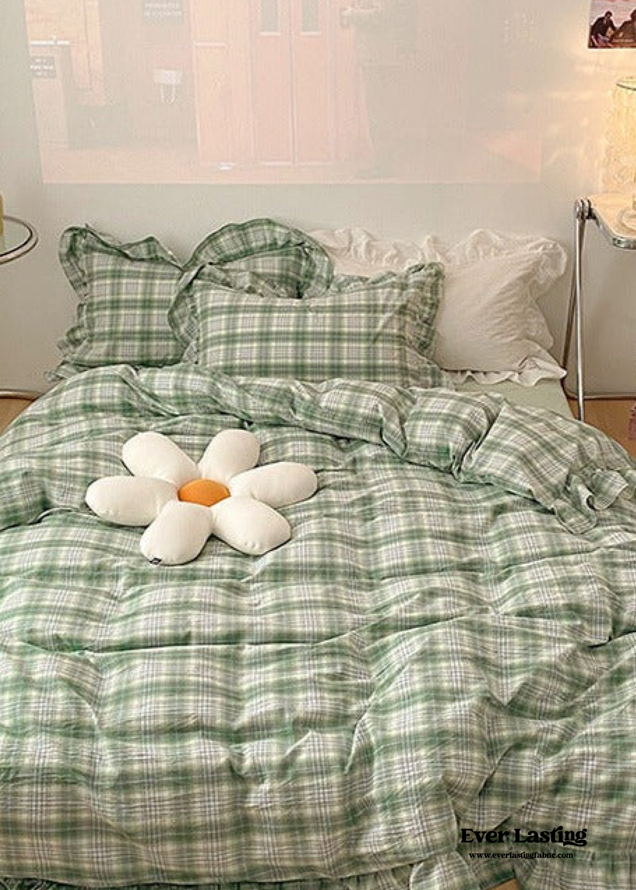 Plaid Ruffle Bedding Set - Green