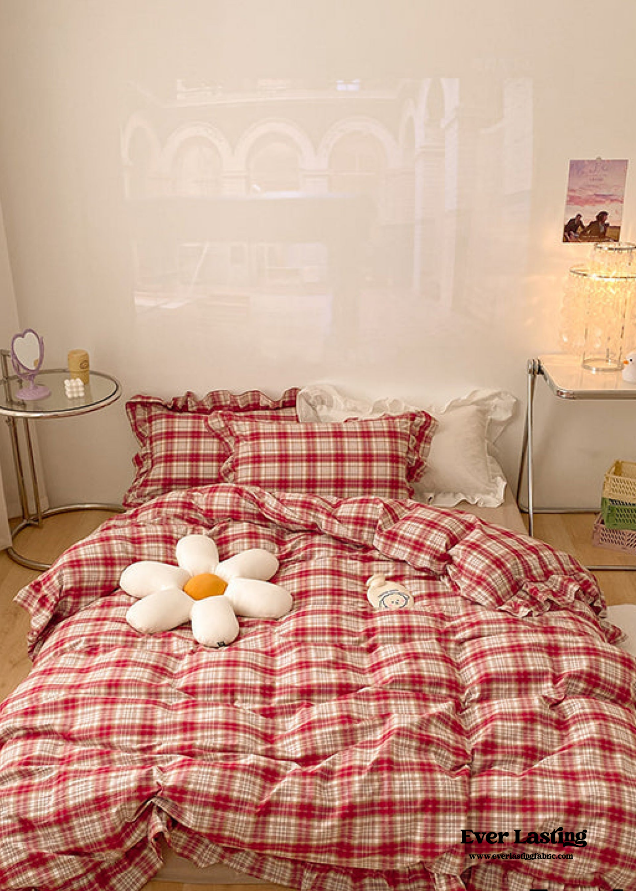 Plaid Ruffle Bedding Set - Green