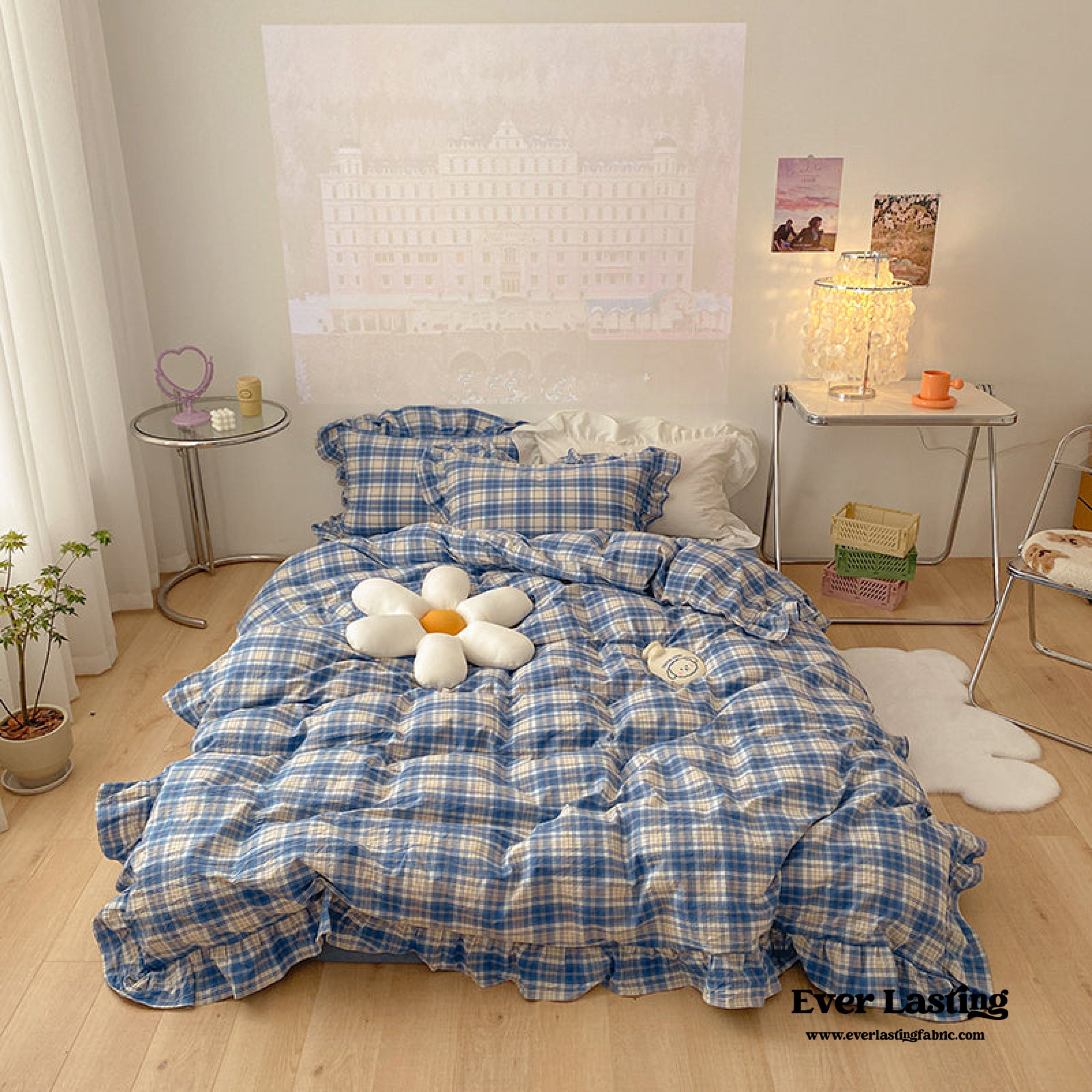 Plaid Ruffle Bedding Set - Green