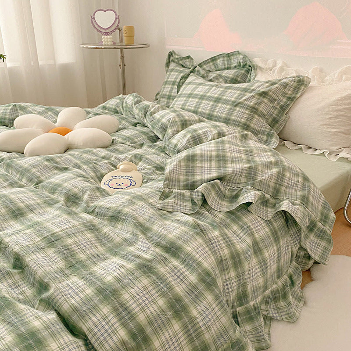 Green Ruffle Comforter Plaid Ruffle Bedding Set - Green – MagChic
