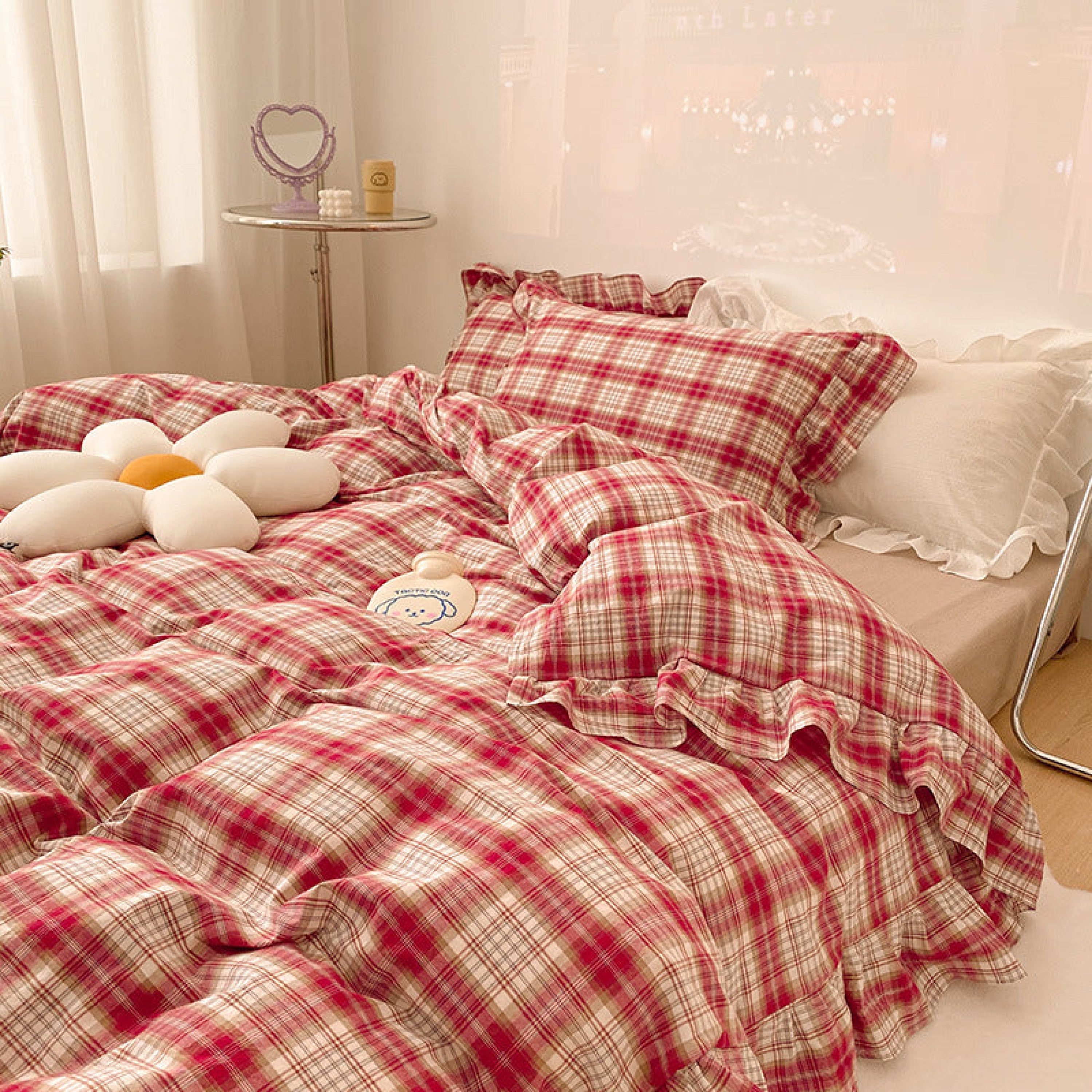 Plaid Ruffle Bedding Set - Green