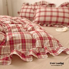 Plaid Ruffle Bedding Set - Red