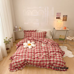 Plaid Ruffle Bedding Set - Red