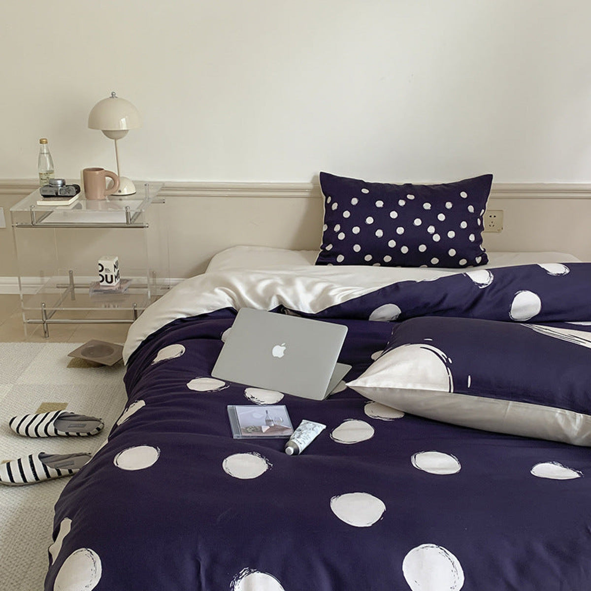 Polka Dot Tencel Silky Bedding Set - Navy Blue