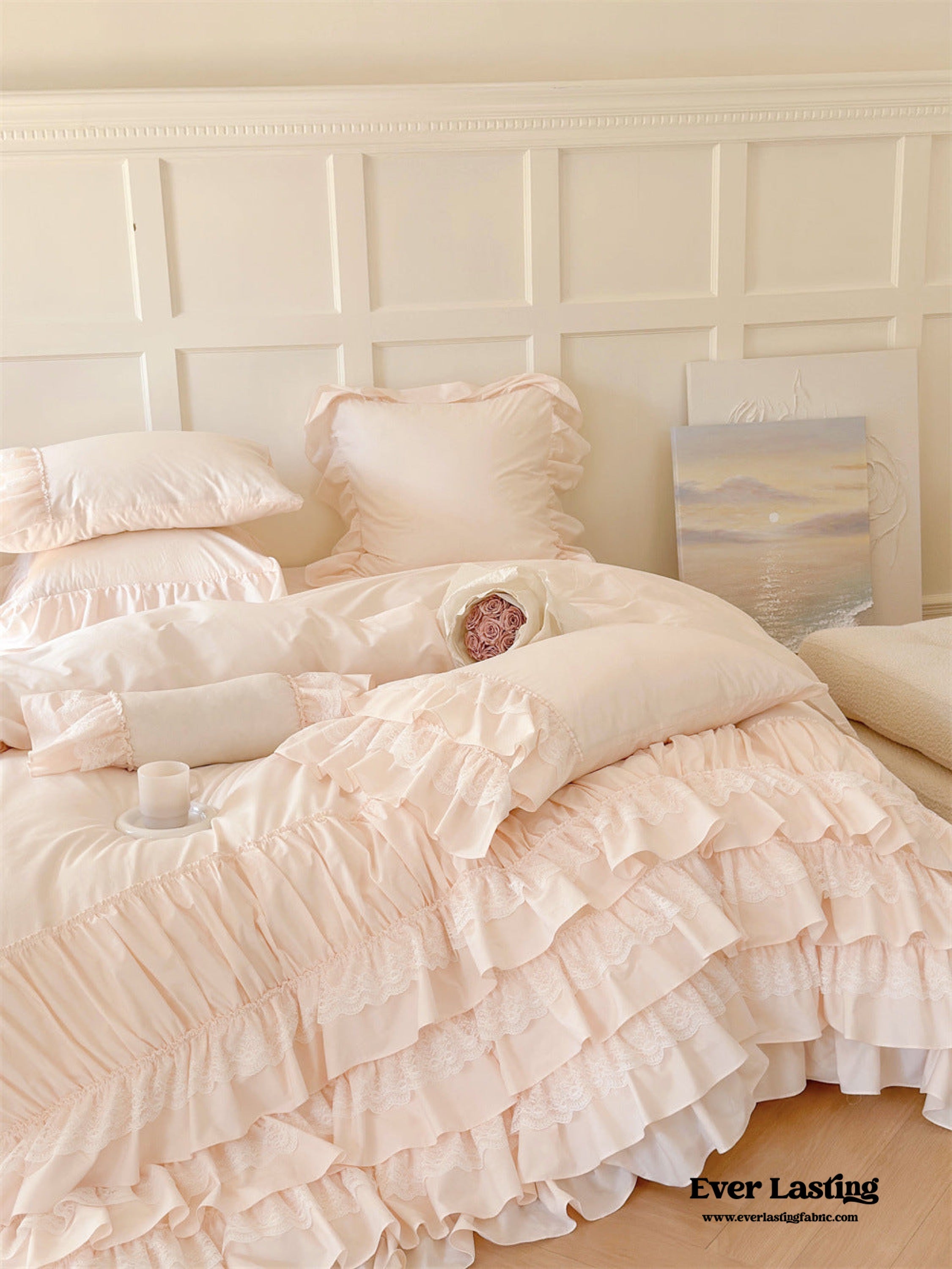 Princess Ruffle Lace Washed Cotton Bedding Set - Pink