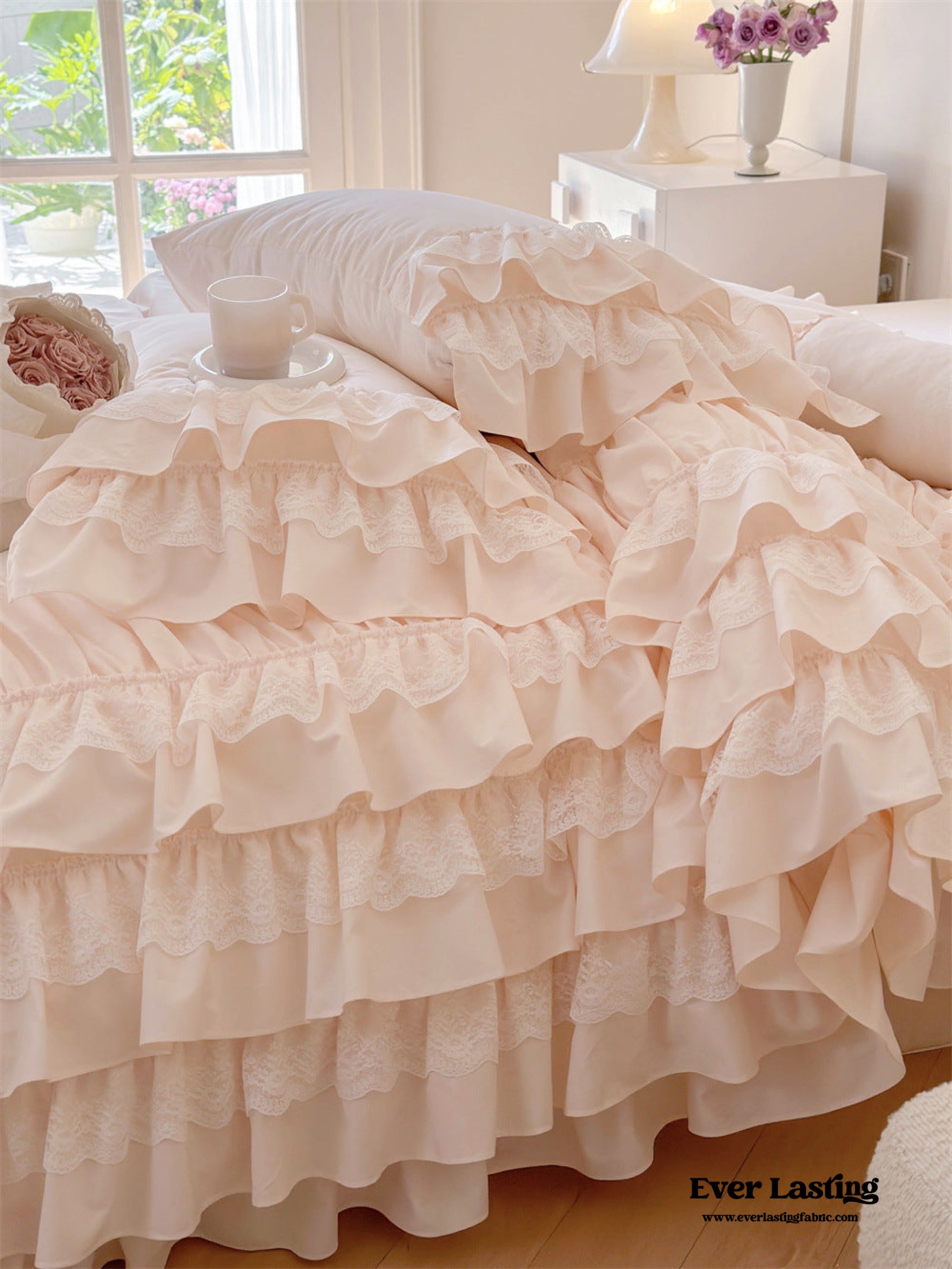 Princess Ruffle Lace Washed Cotton Bedding Set - Pink