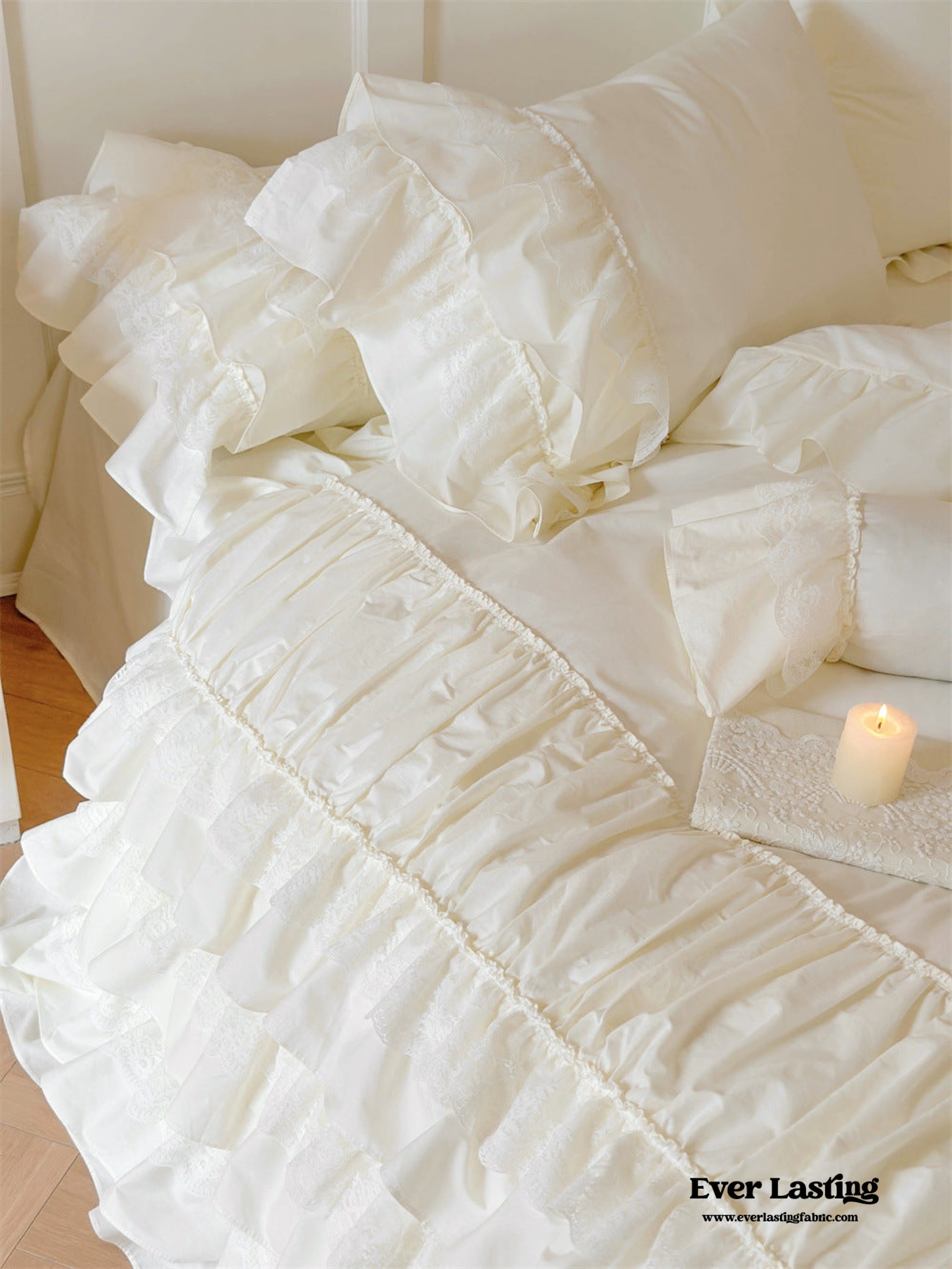 Princess Ruffle Lace Washed Cotton Bedding Set - Pink