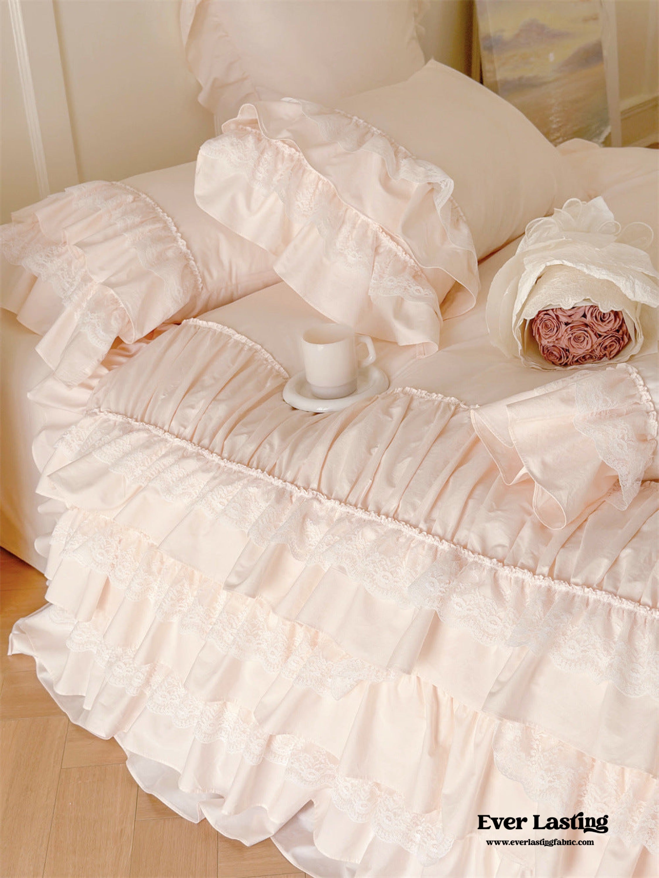 Princess Ruffle Lace Washed Cotton Bedding Set - Pink