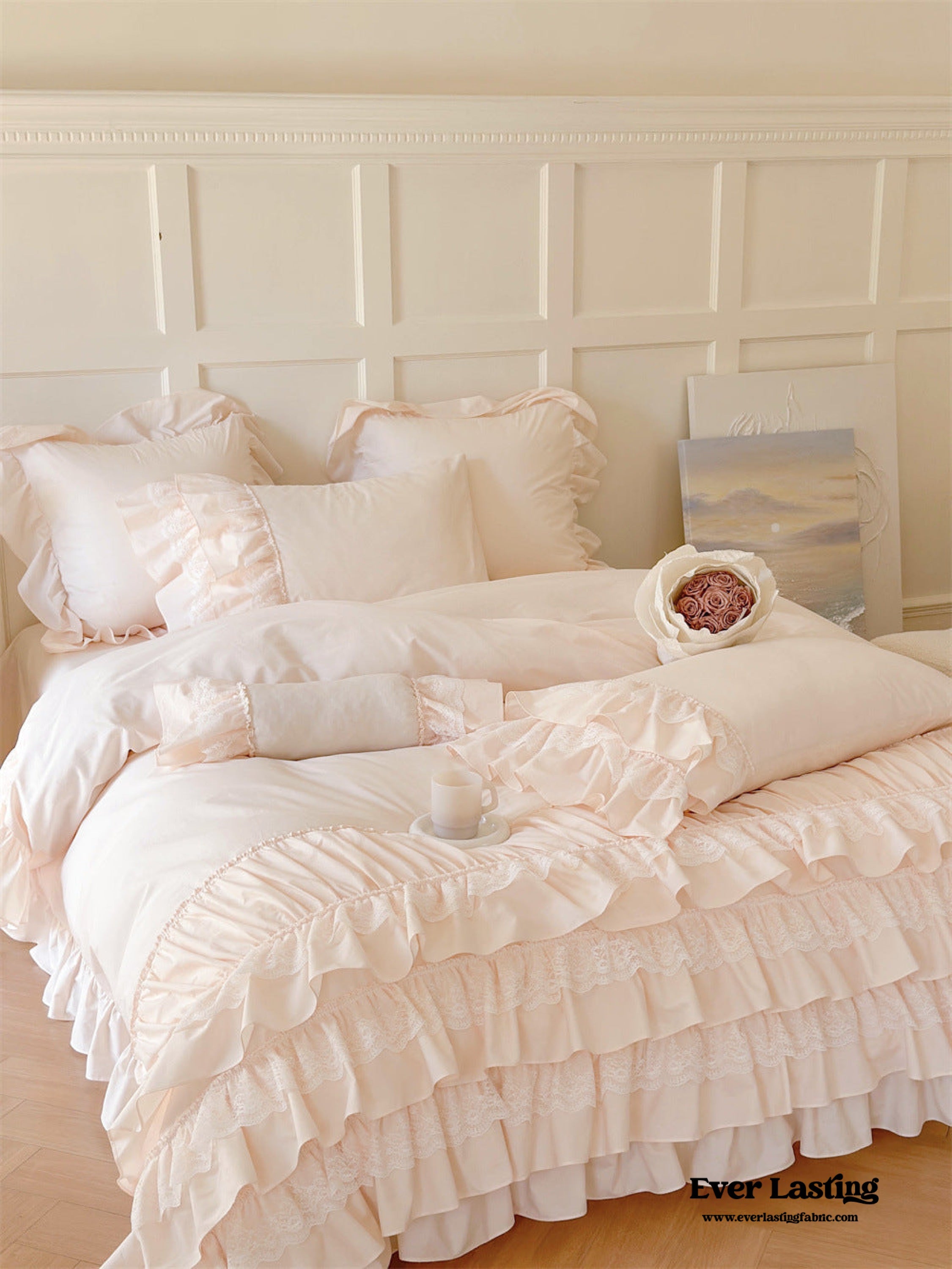 Princess Ruffle Lace Washed Cotton Bedding Set - Pink