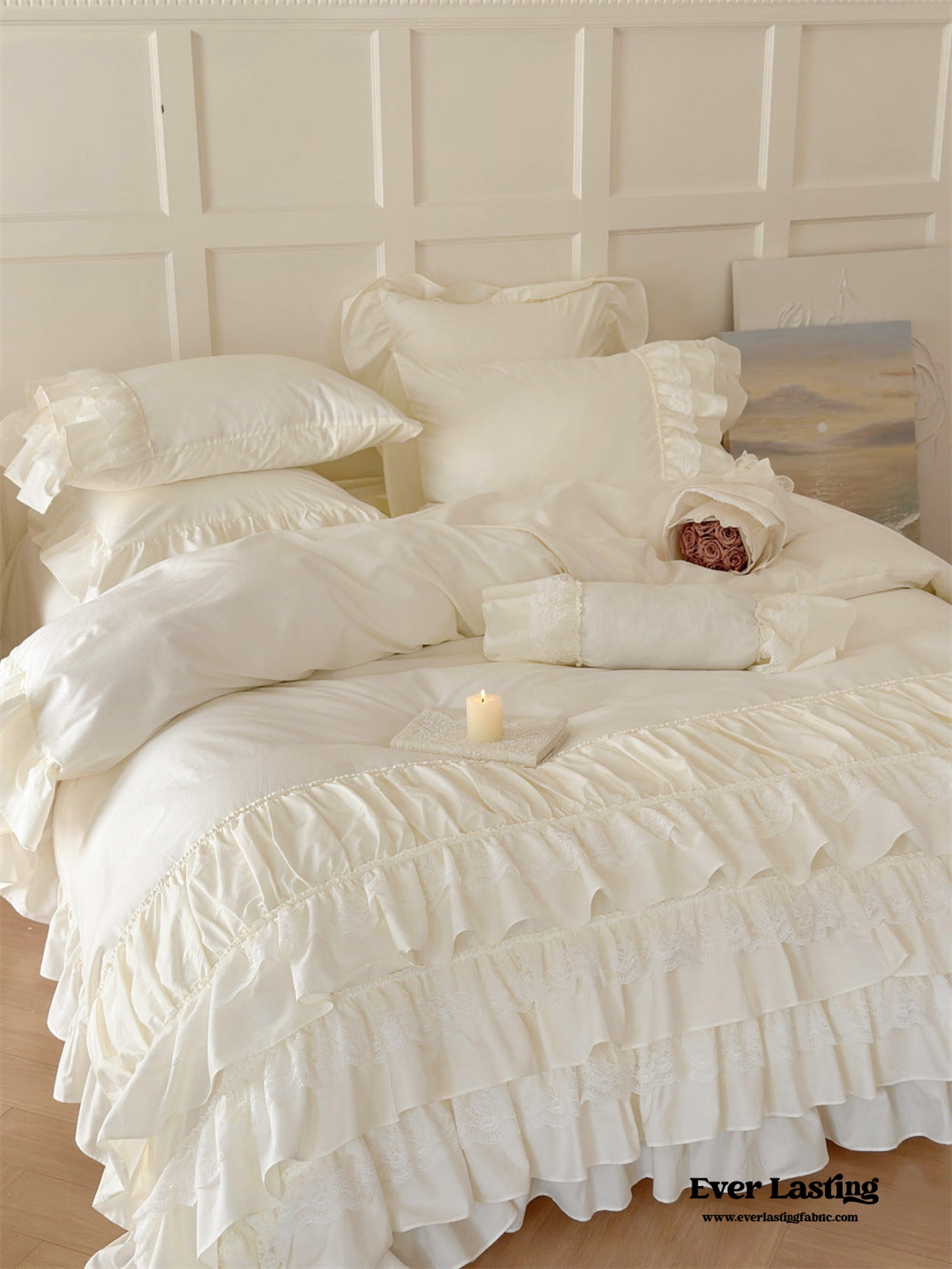 Princess Ruffle Lace Washed Cotton Bedding Set - Pink