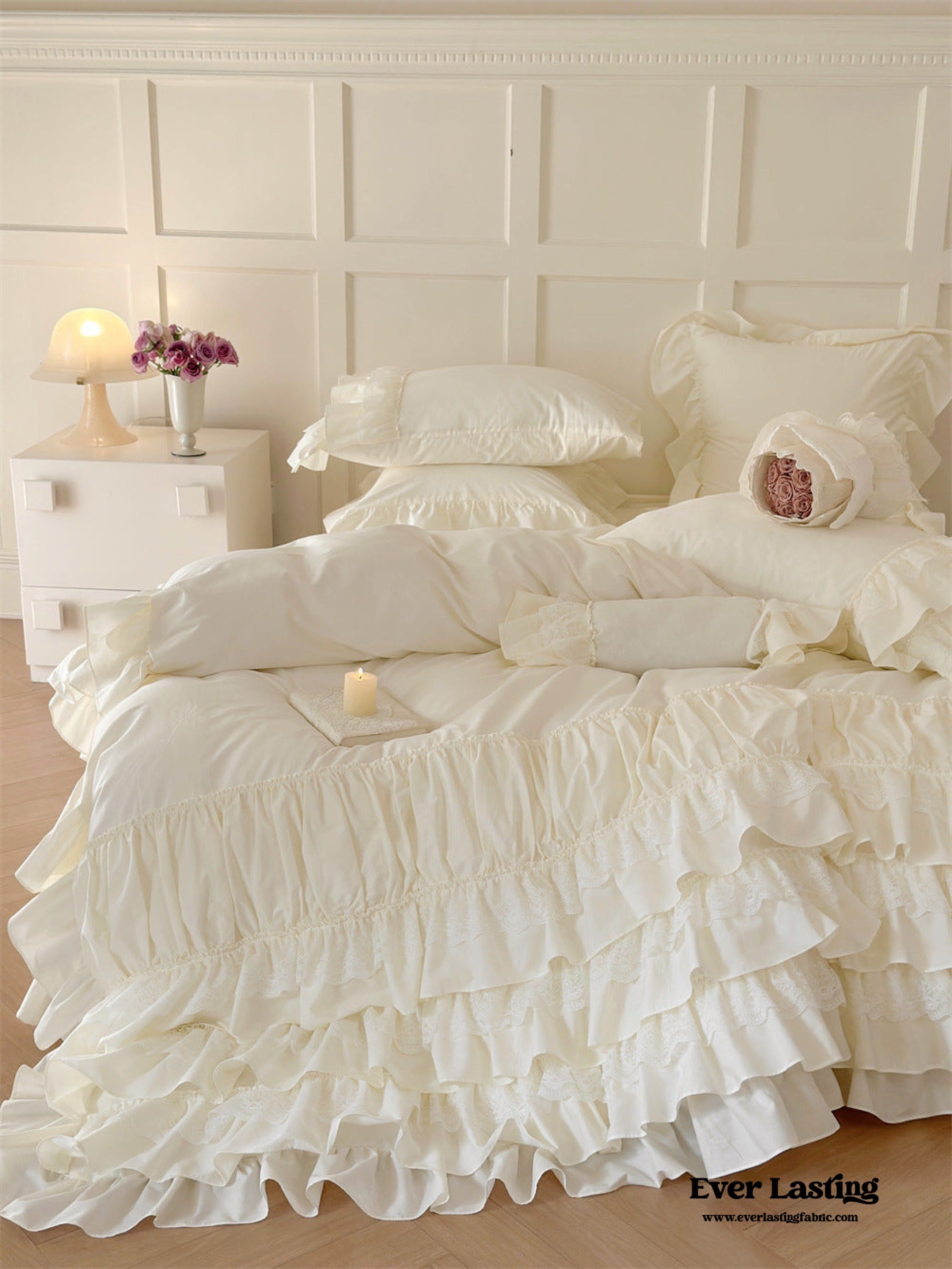Princess Ruffle Lace Washed Cotton Bedding Set - Pink