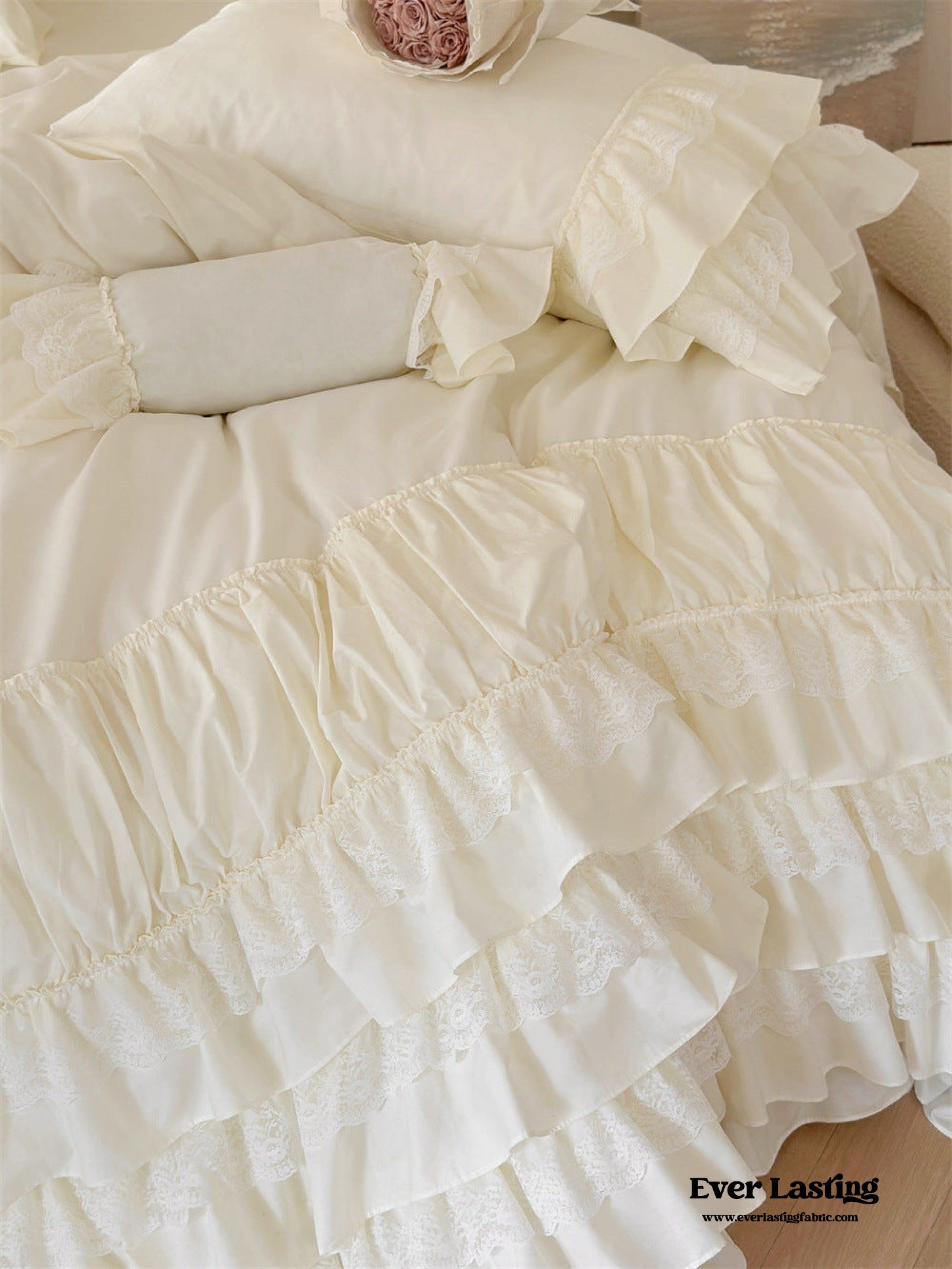 Princess Ruffle Lace Washed Cotton Bedding Set - Pink