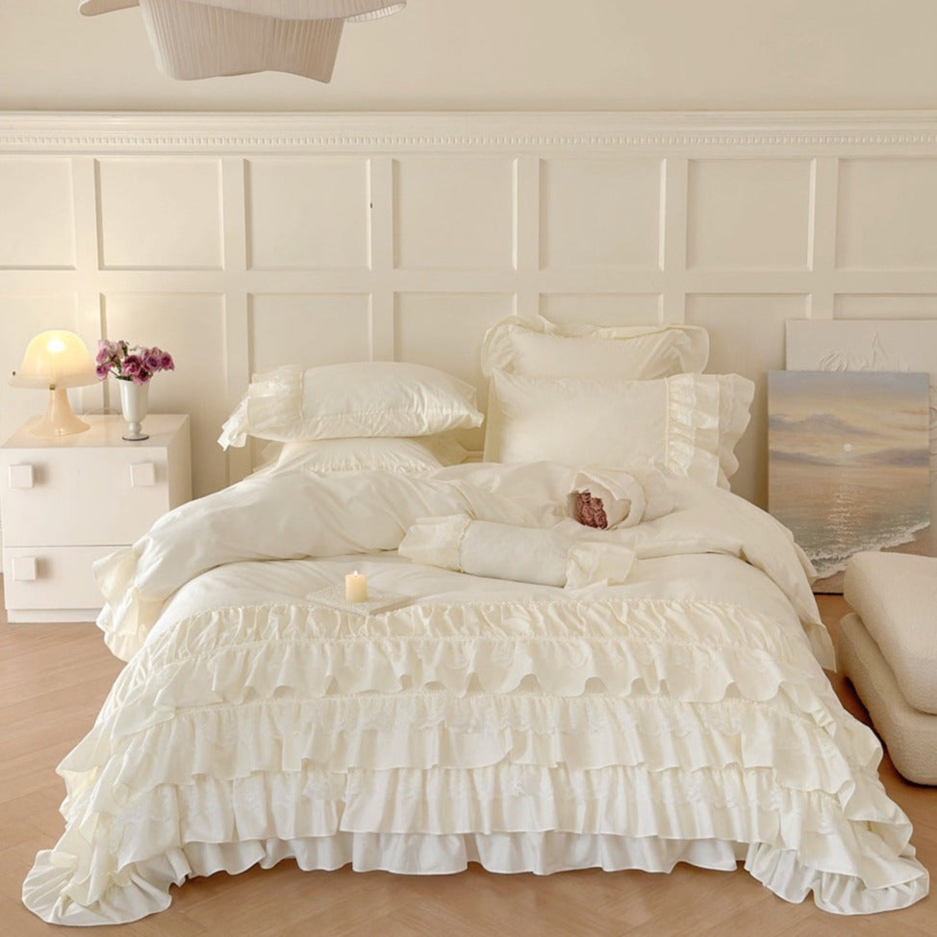 Princess Ruffle Lace Washed Cotton Bedding Set - Pink