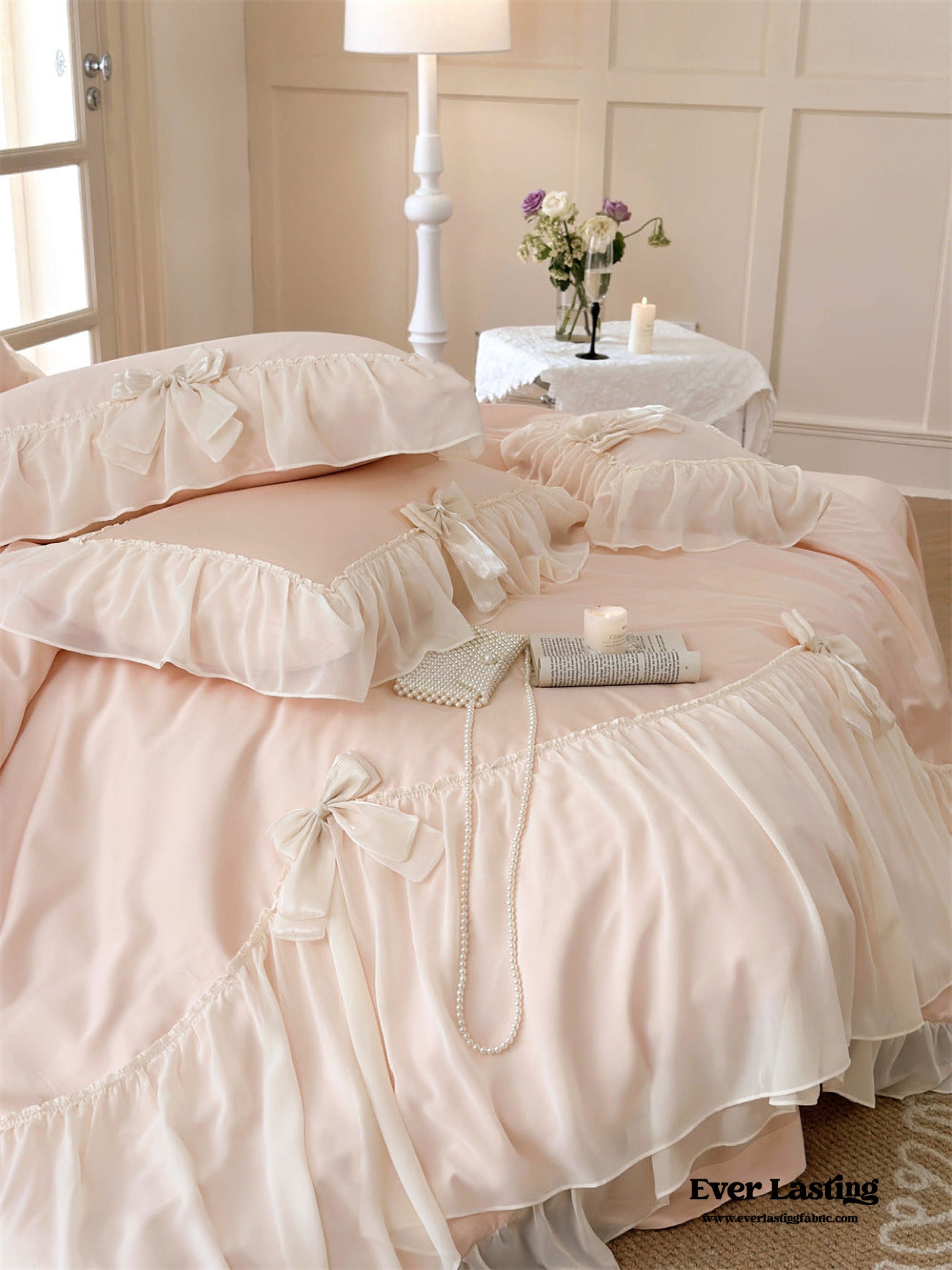 Ribbon Bow Airy Lace Bedding Set - Cream White