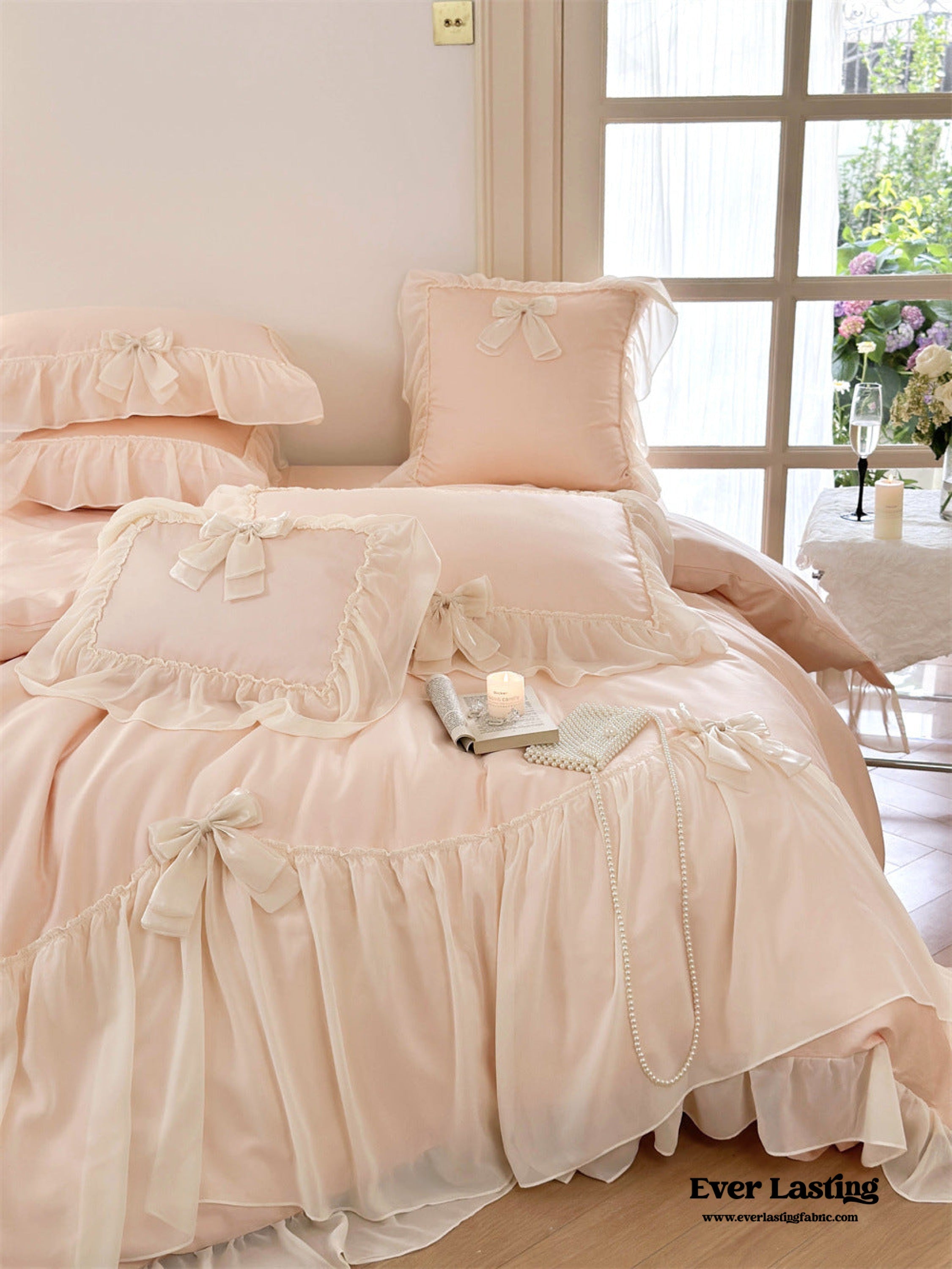 Ribbon Bow Airy Lace Bedding Set - Cream White