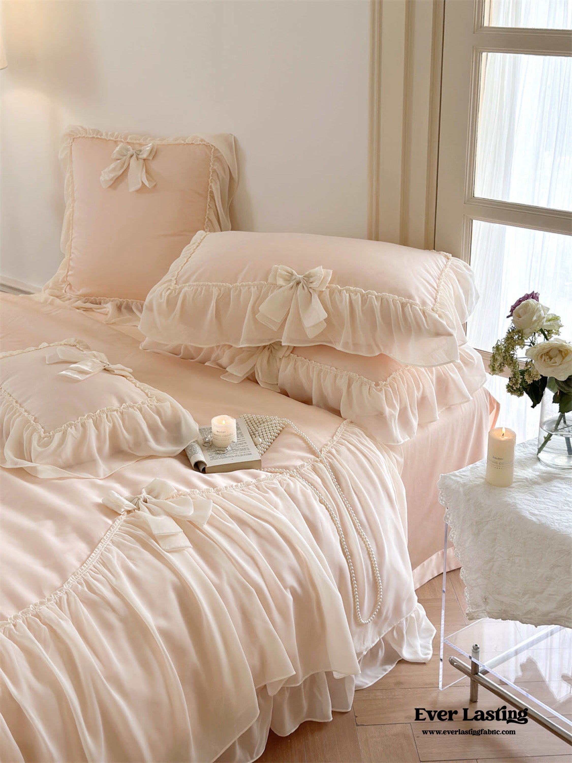 Ribbon Bow Airy Lace Bedding Set - Cream White