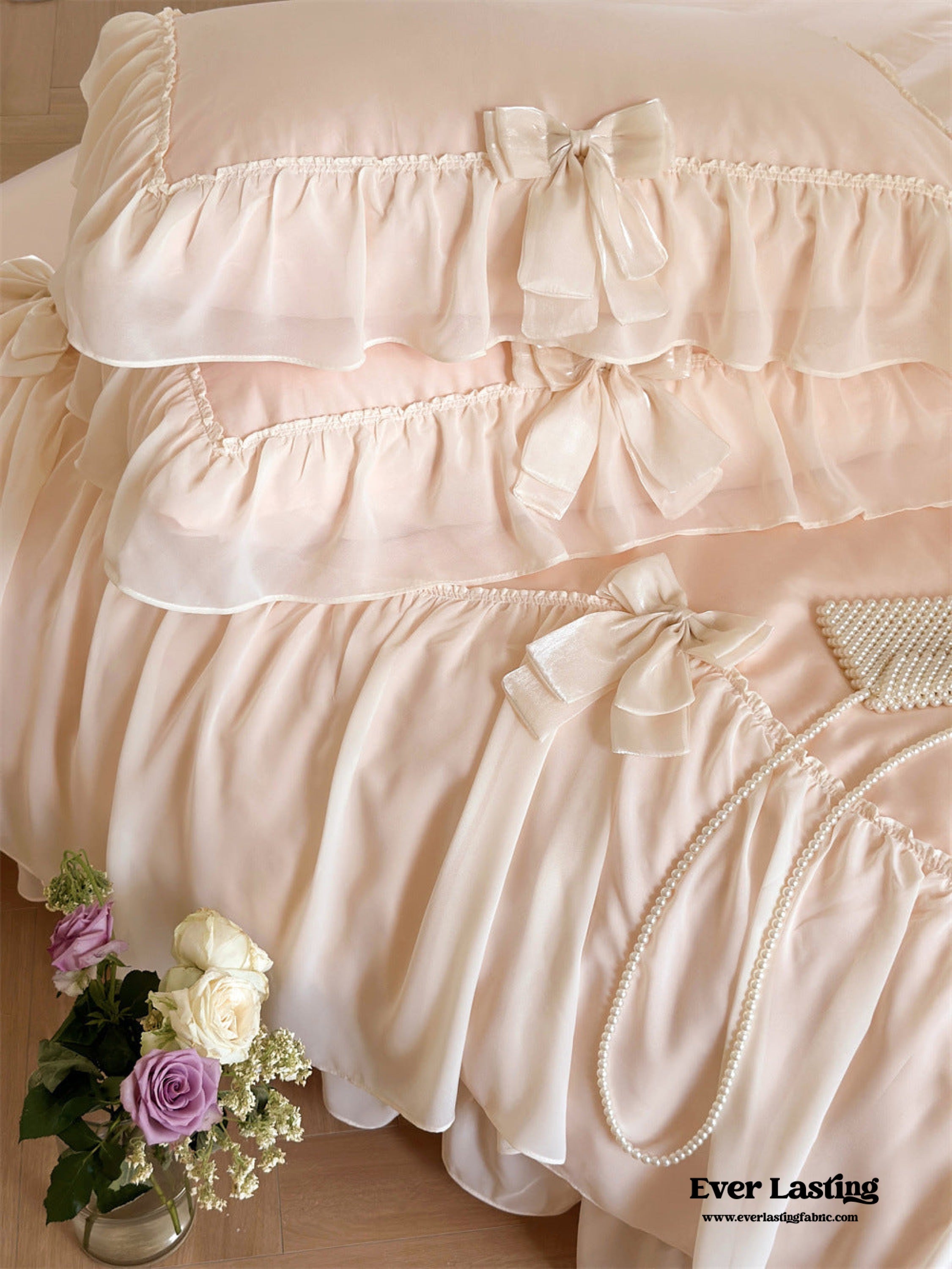 Ribbon Bow Airy Lace Bedding Set - Cream White
