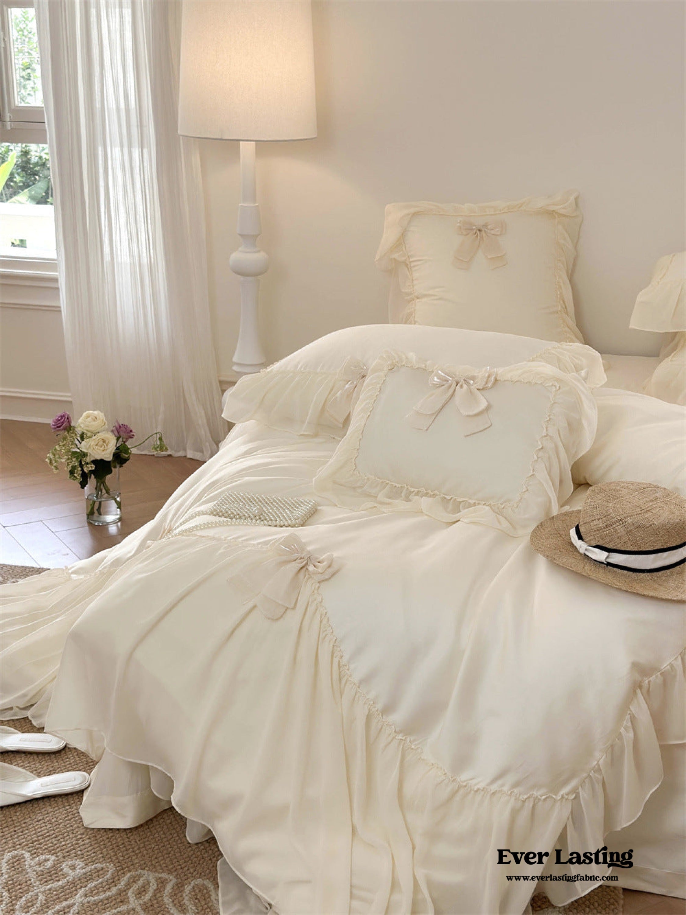 Ribbon Bow Airy Lace Bedding Set - Cream White