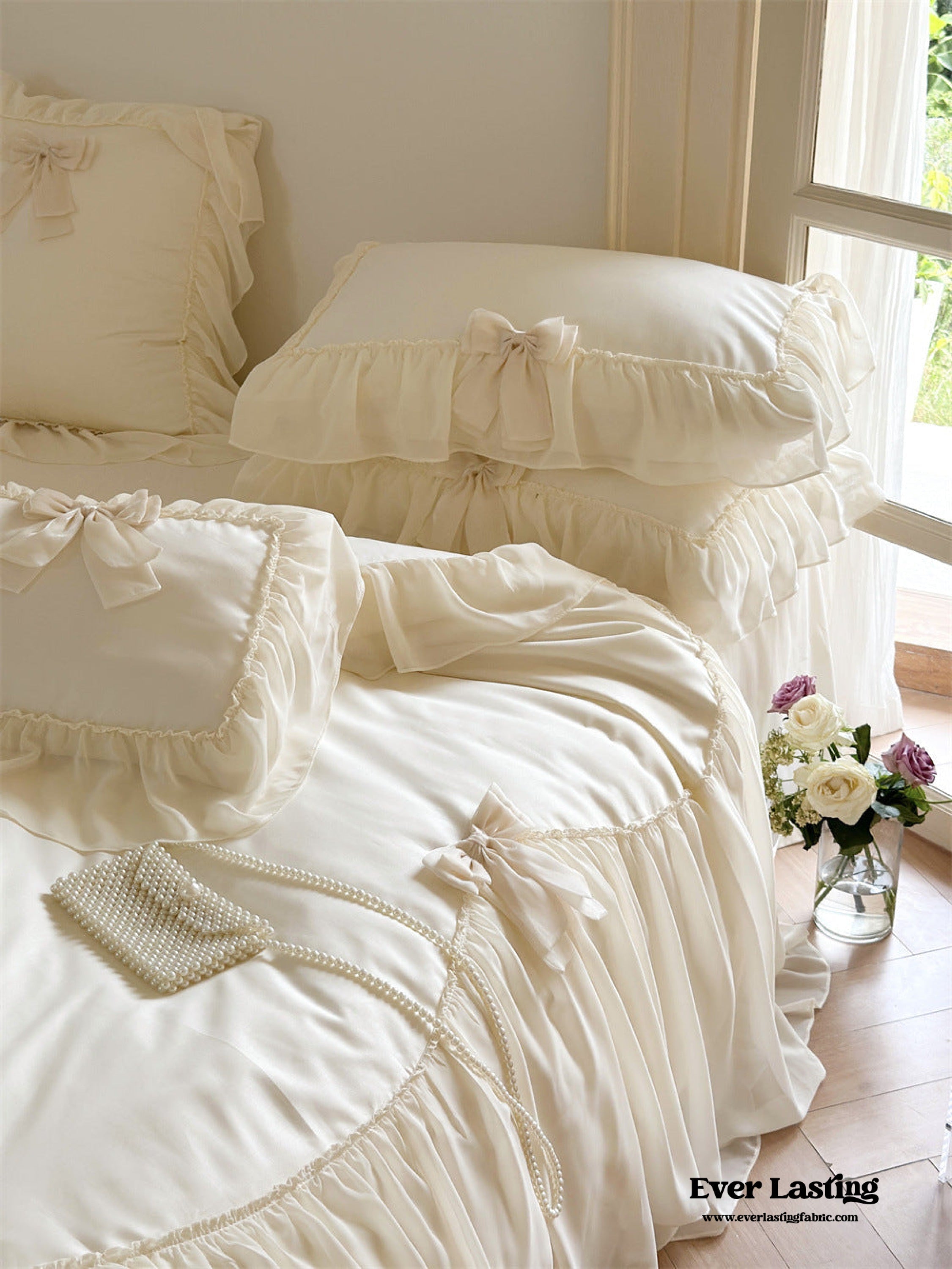 Ribbon Bow Airy Lace Bedding Set - Cream White
