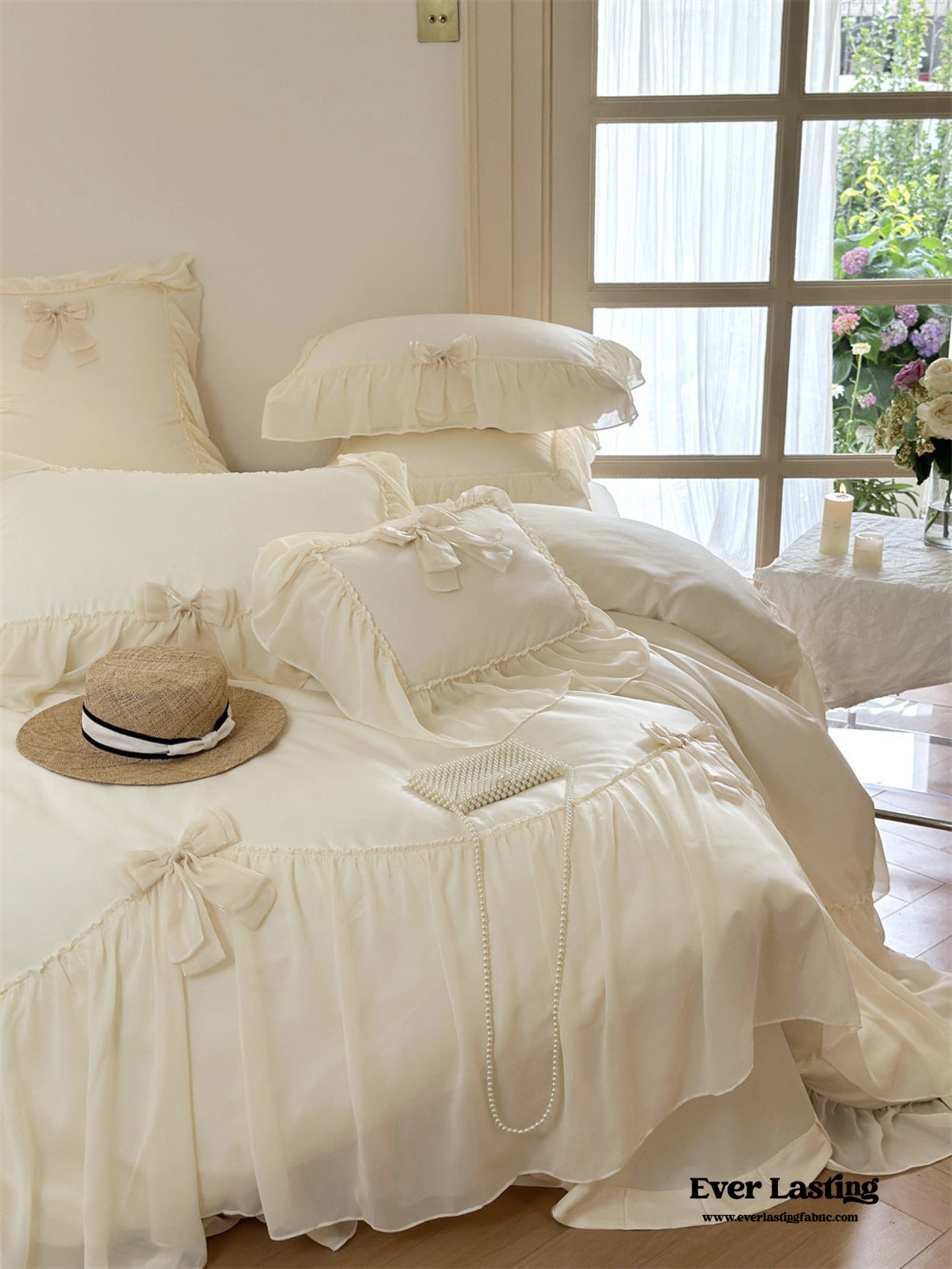 Ribbon Bow Airy Lace Bedding Set - Cream White