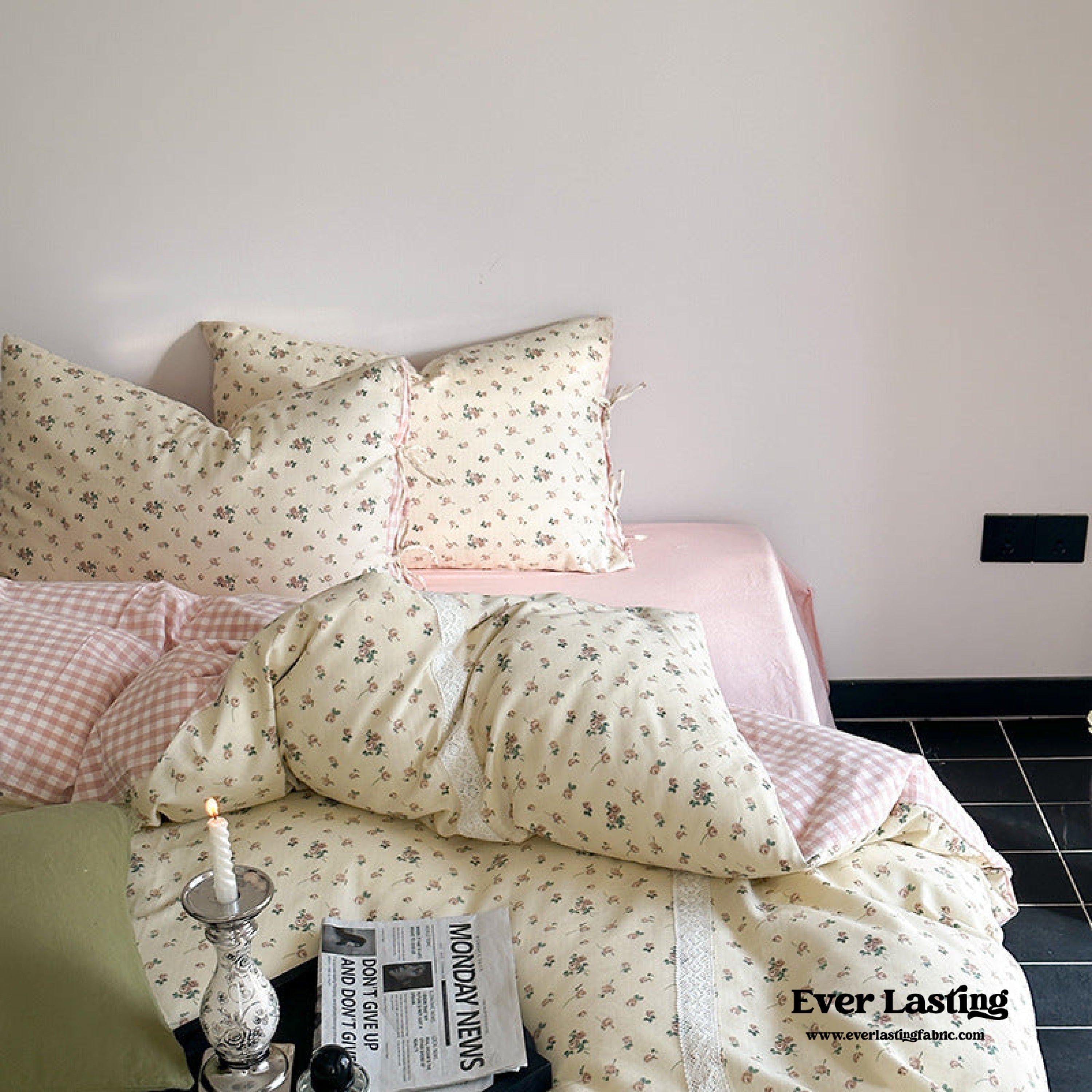 Rosalie Floral Lace Gingham Bedding Set - Pink