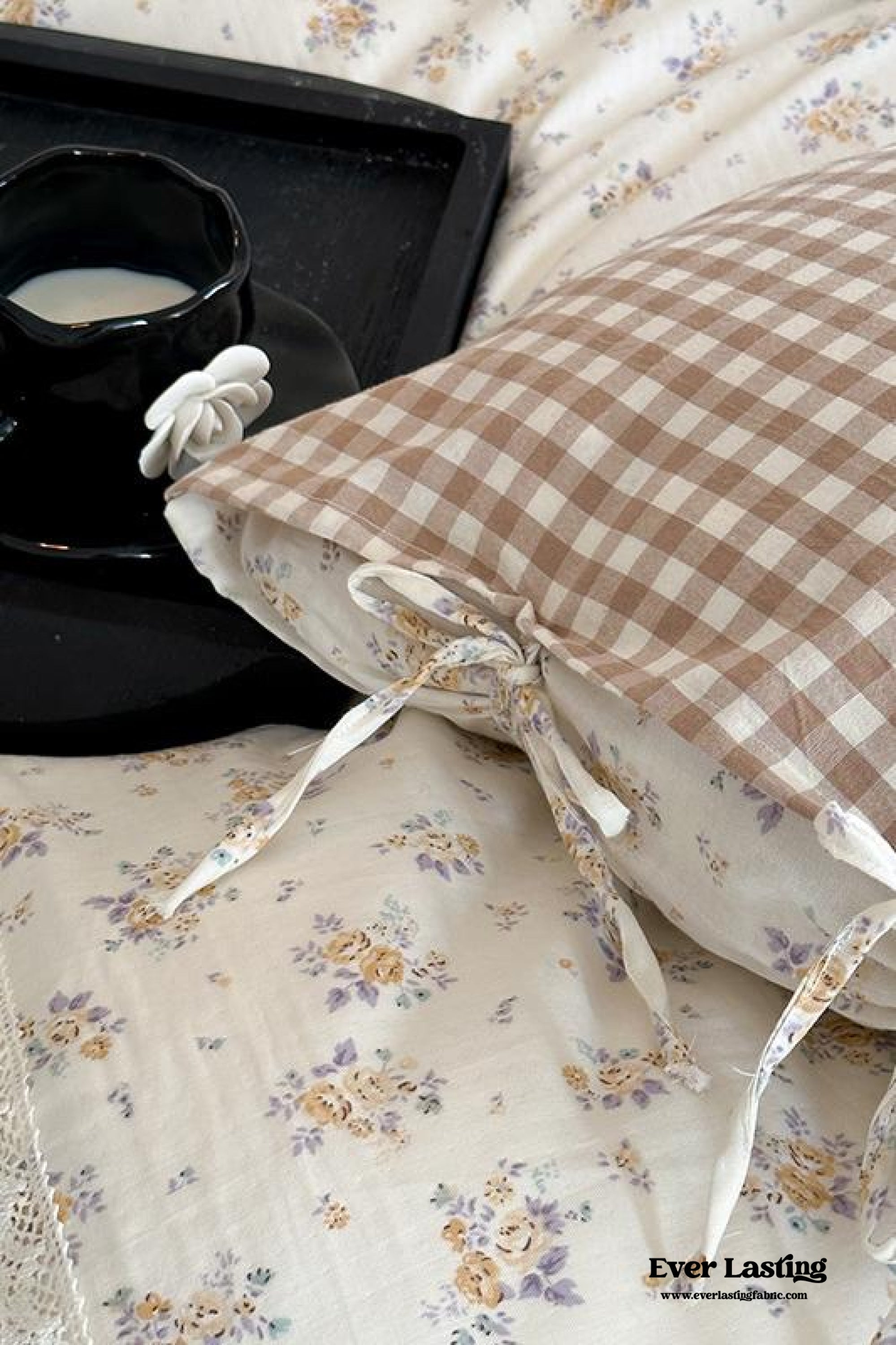 Rosalie Floral Lace Gingham Bedding Set - Pink