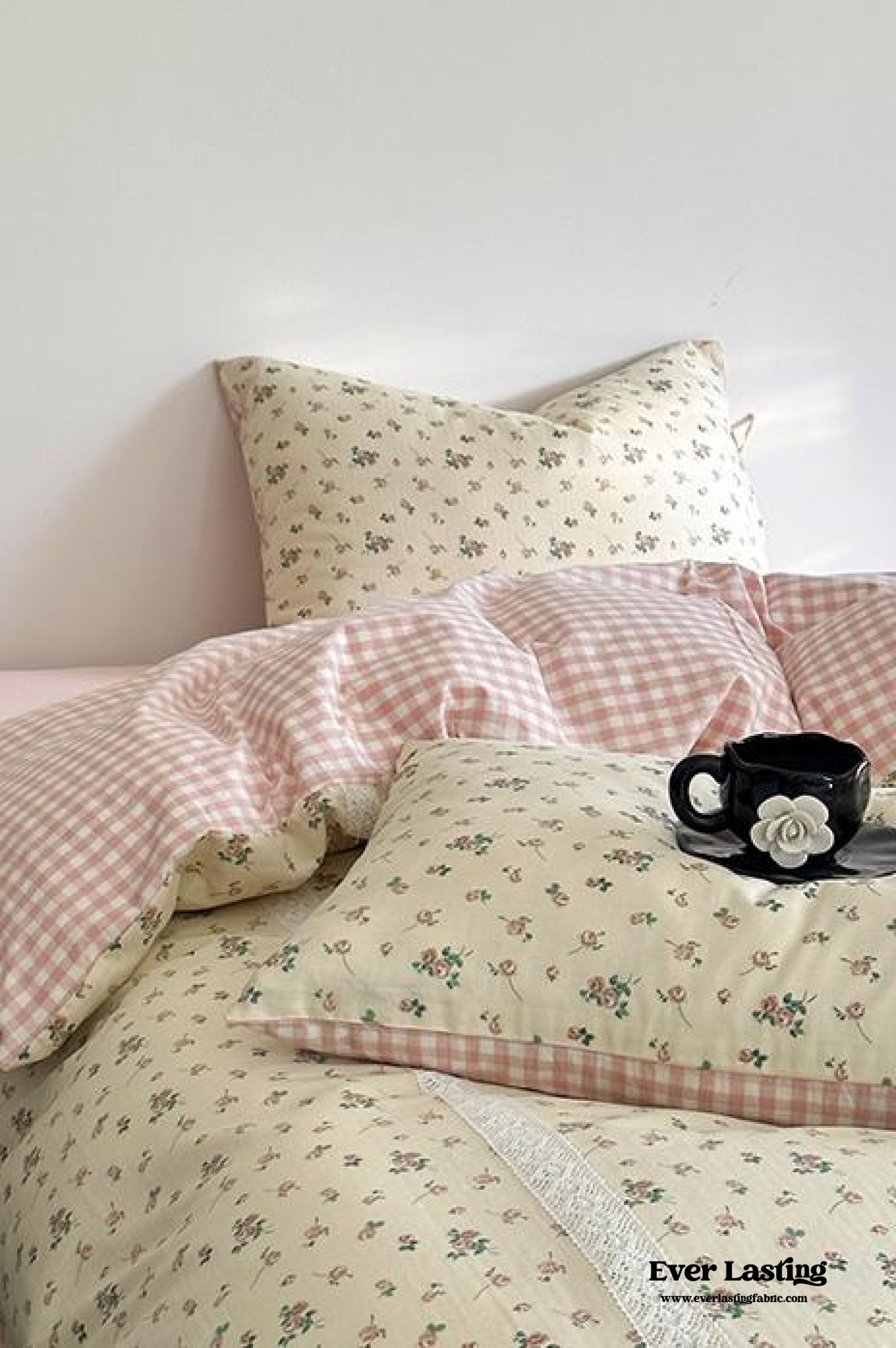 Rosalie Floral Lace Gingham Bedding Set - Pink