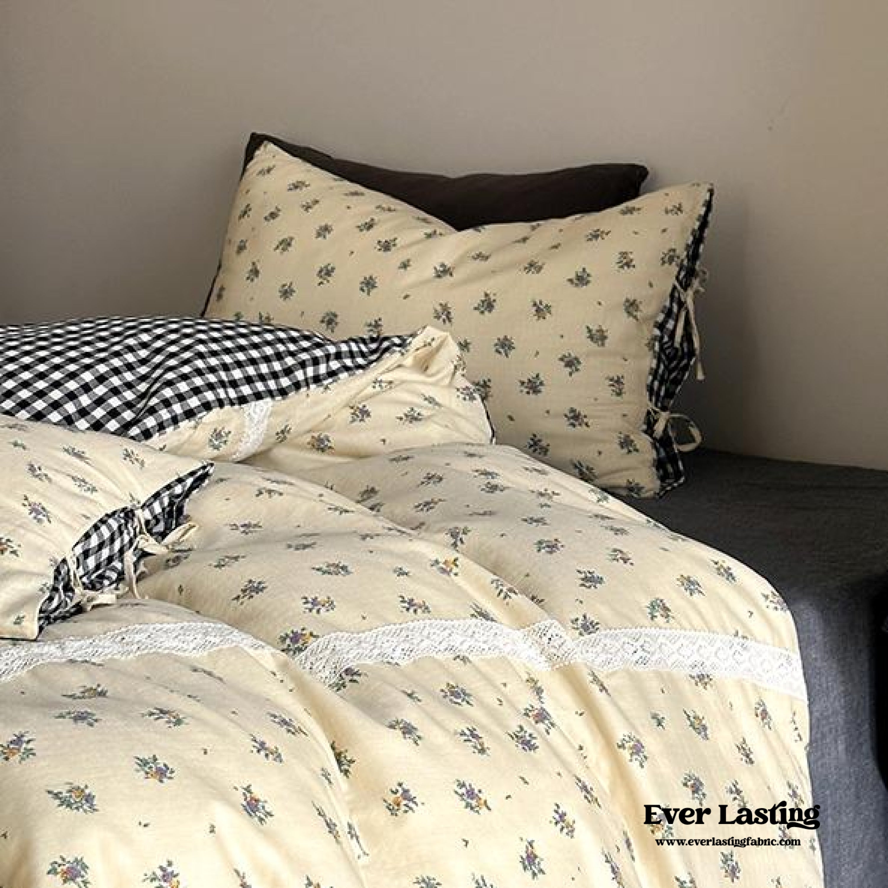Rosalie Floral Lace Gingham Bedding Set - Pink