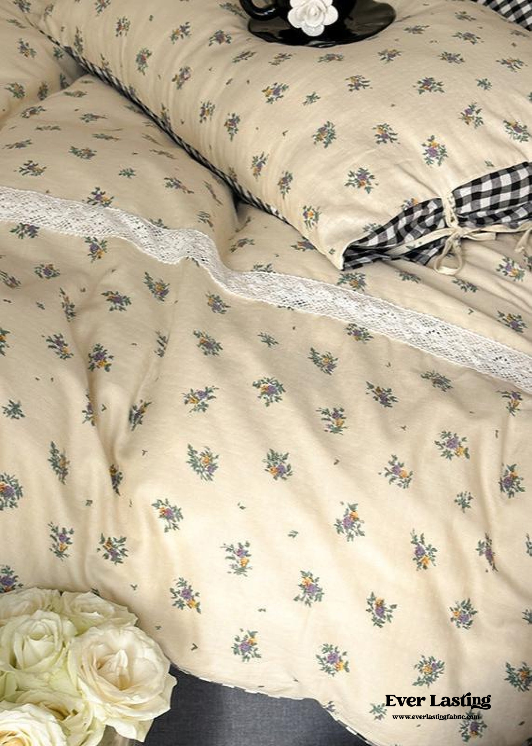Rosalie Floral Lace Gingham Bedding Set - Pink