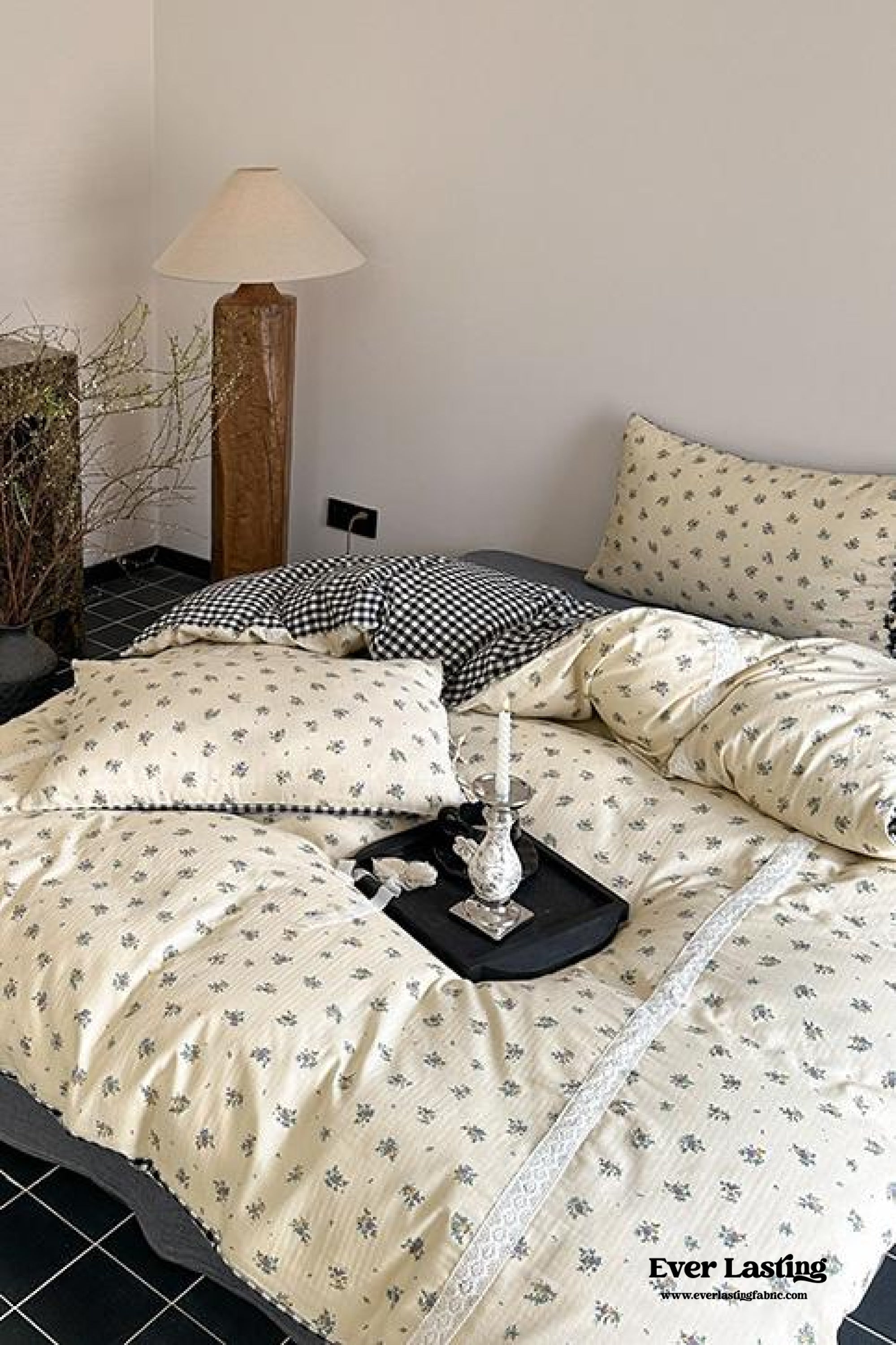 Rosalie Floral Lace Gingham Bedding Set - Pink