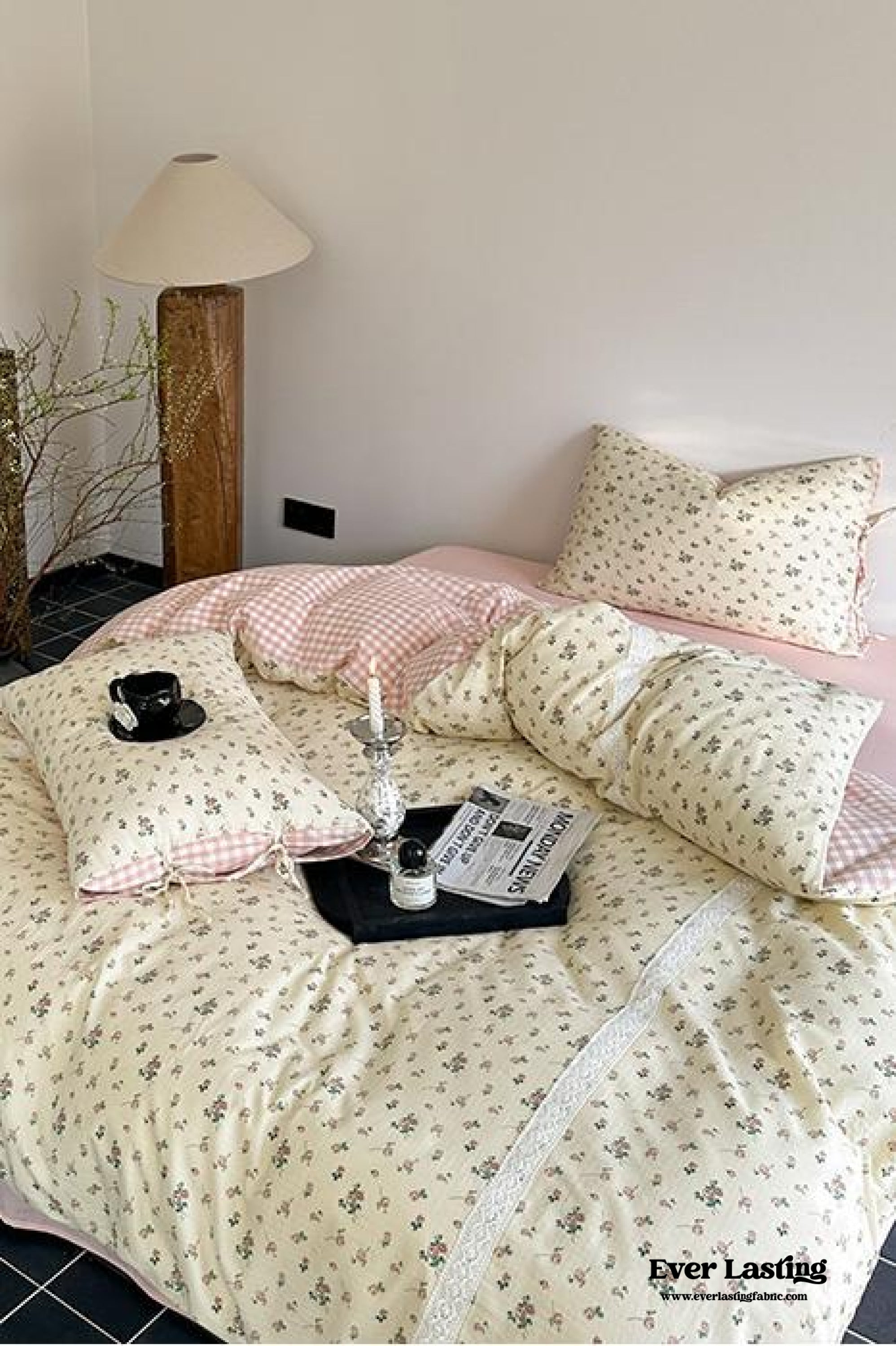 Rosalie Floral Lace Gingham Bedding Set - Pink