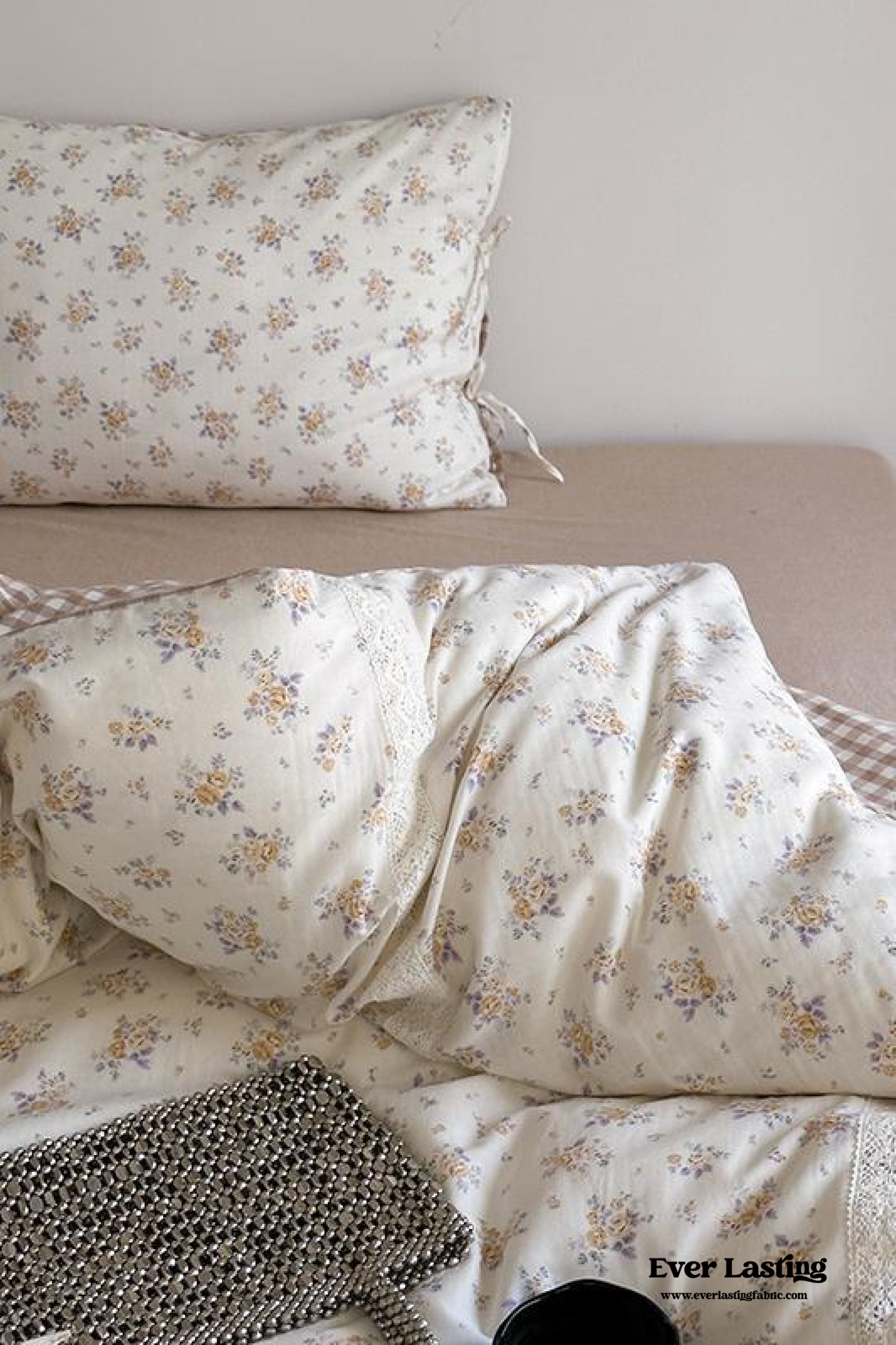 Rosalie Floral Lace Gingham Bedding Set - Pink