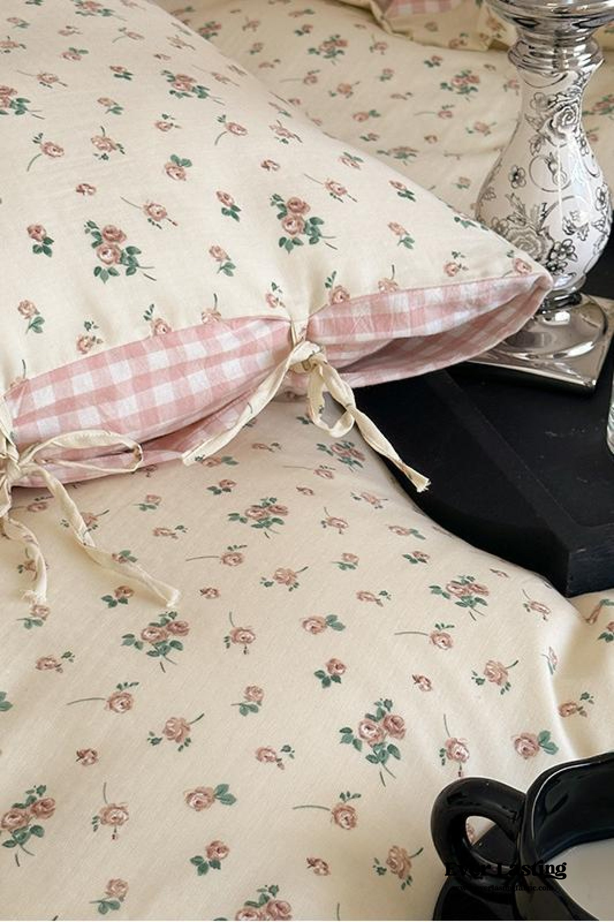 Rosalie Floral Lace Gingham Bedding Set - Pink