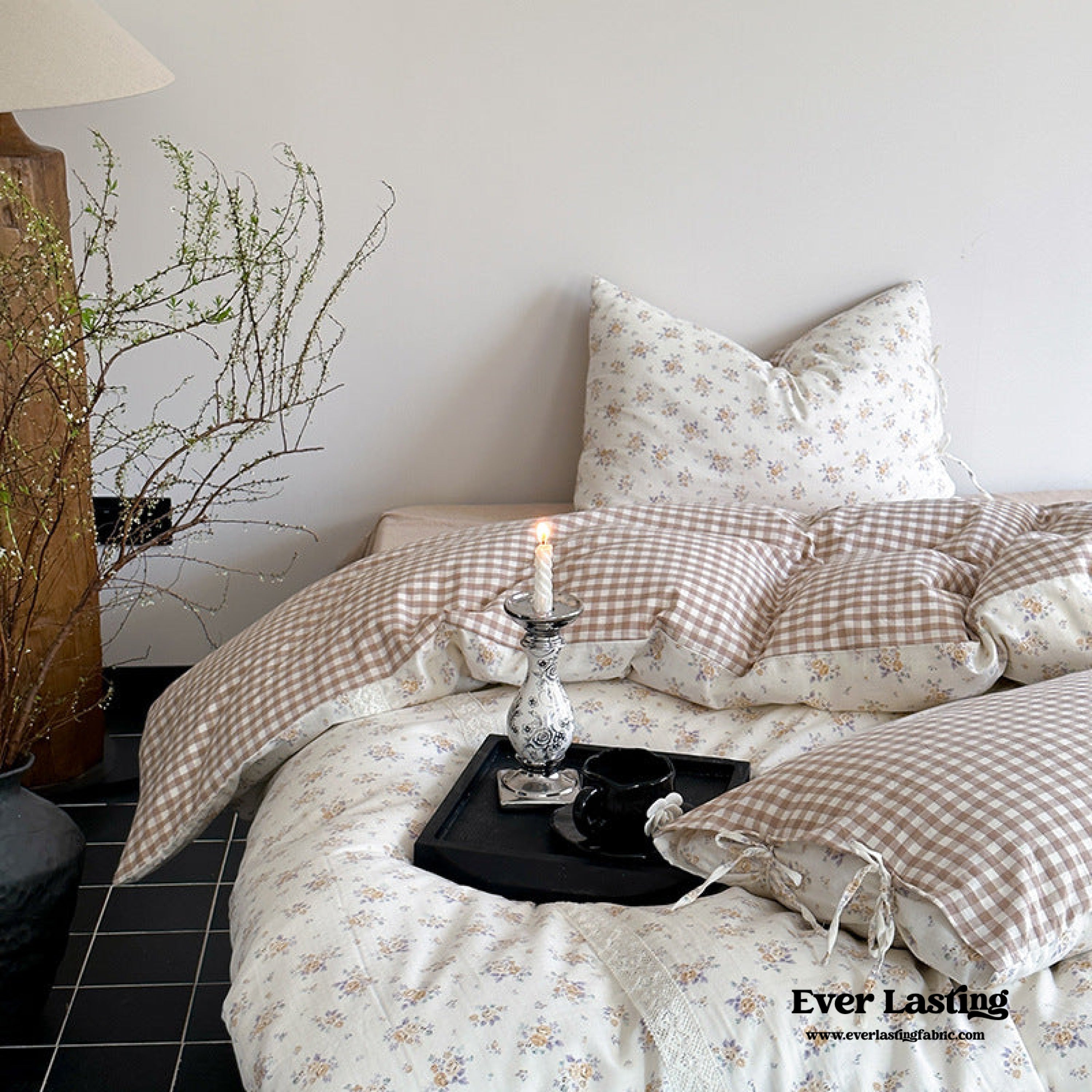 Rosalie Floral Lace Gingham Bedding Set - Pink