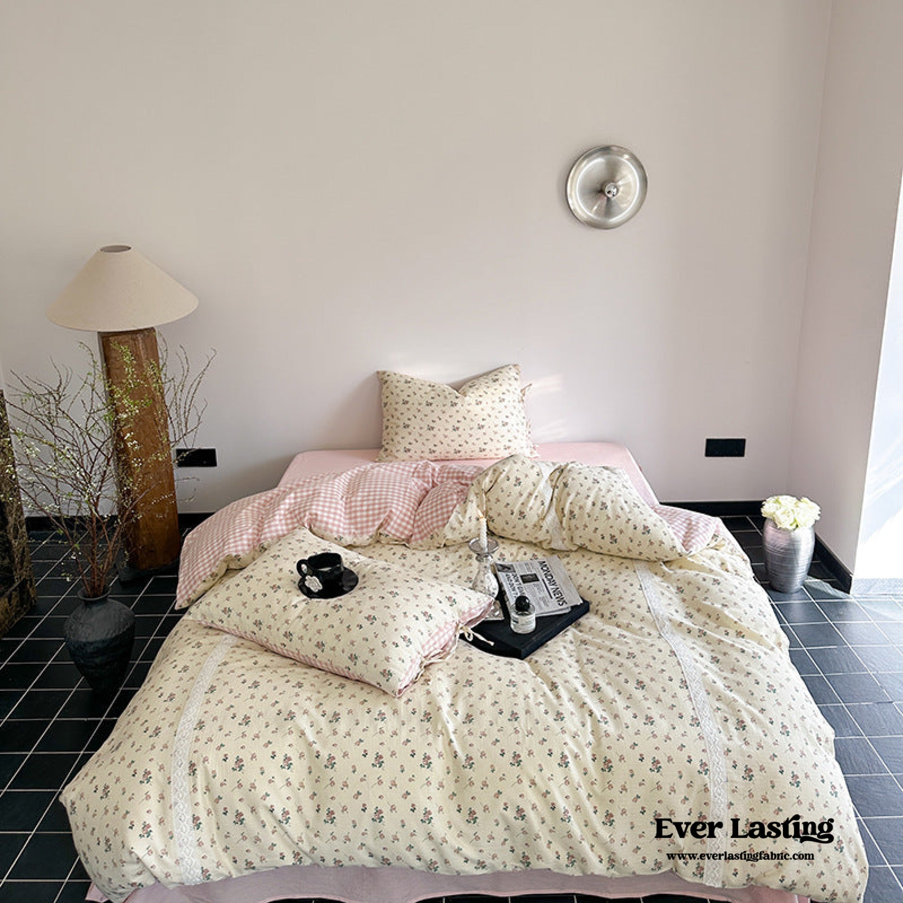 Rosalie Floral Lace Gingham Bedding Set - Pink