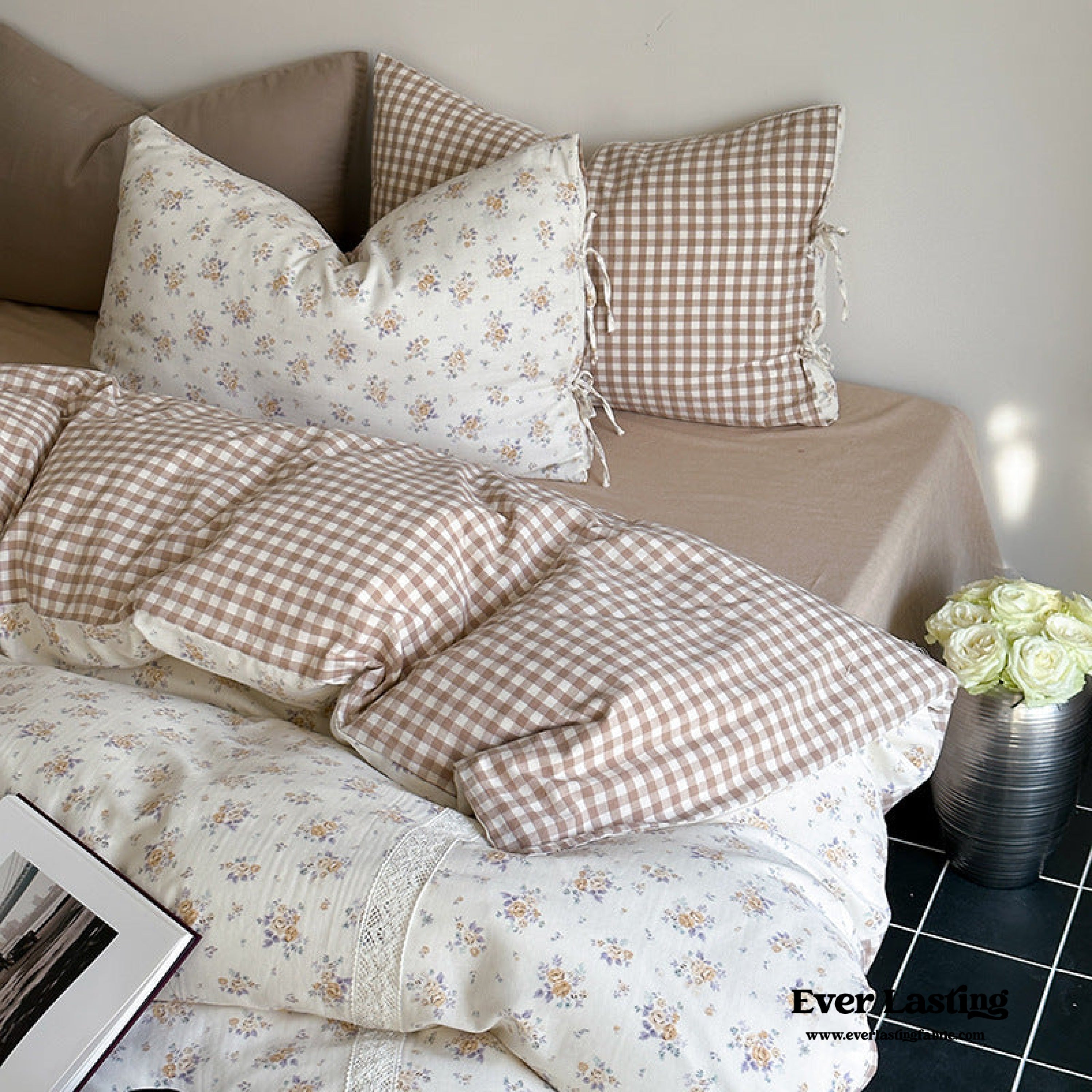 Rosalie Floral Lace Gingham Bedding Set - Pink