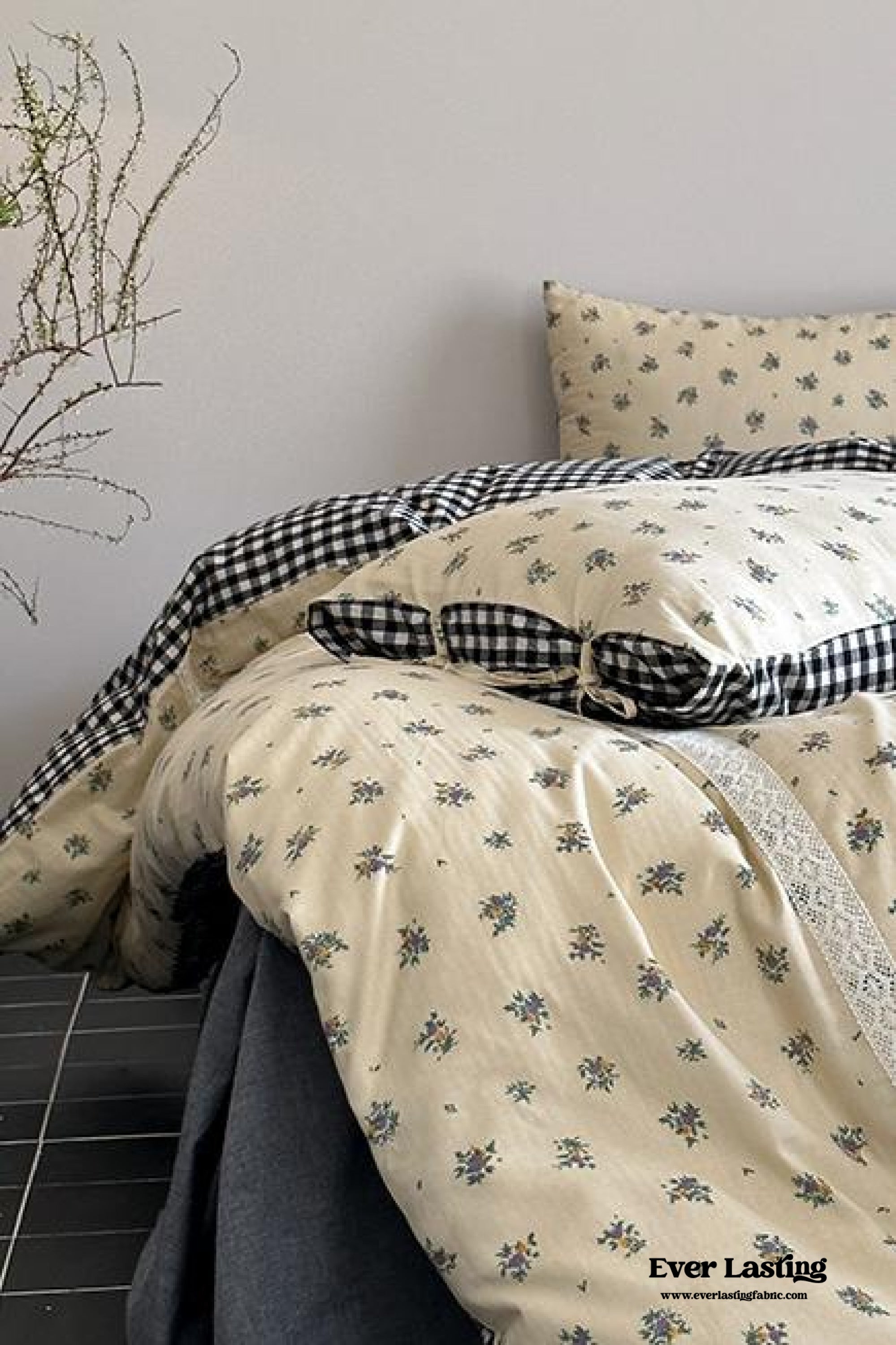 Rosalie Floral Lace Gingham Bedding Set - Pink