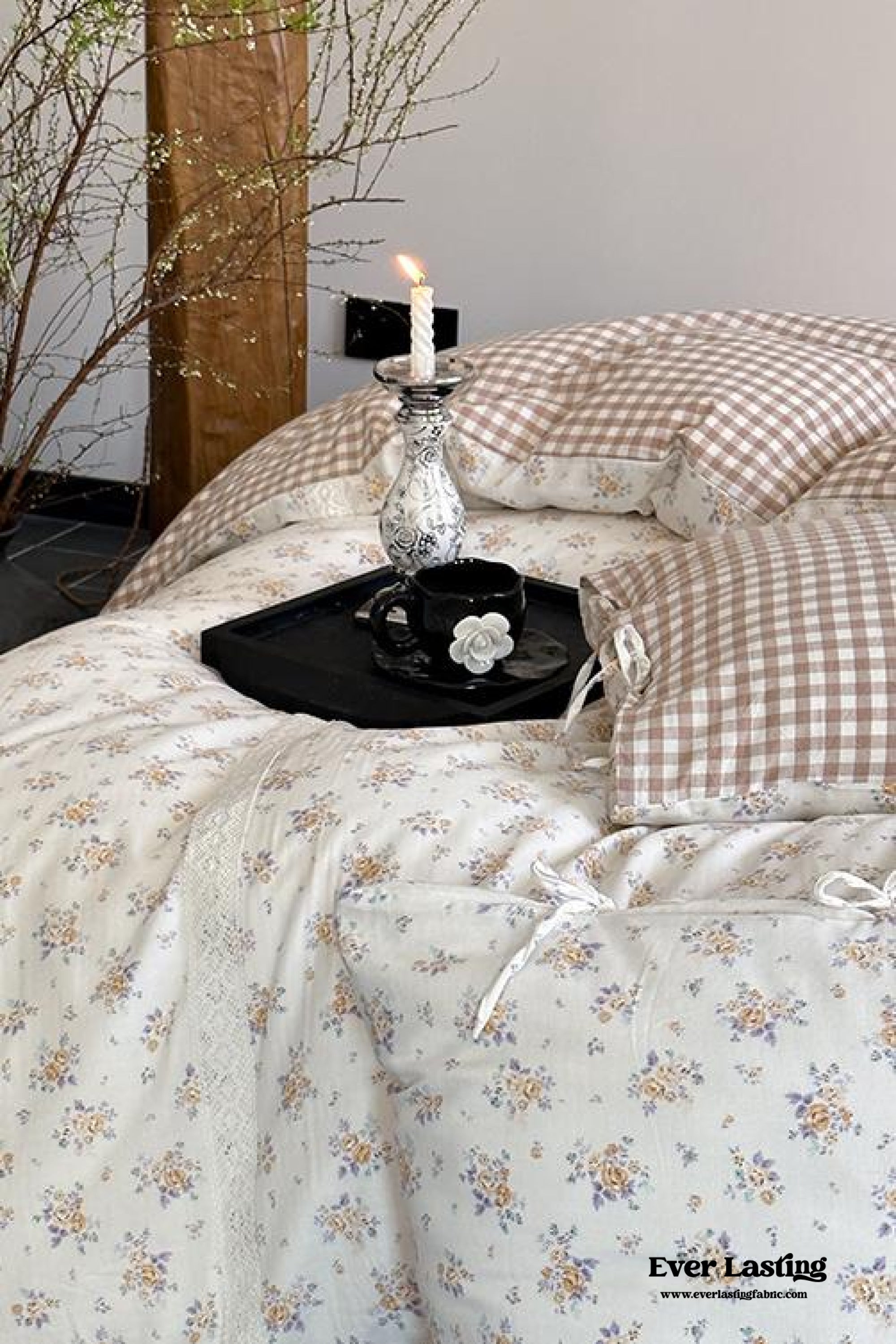 Rosalie Floral Lace Gingham Bedding Set - Pink
