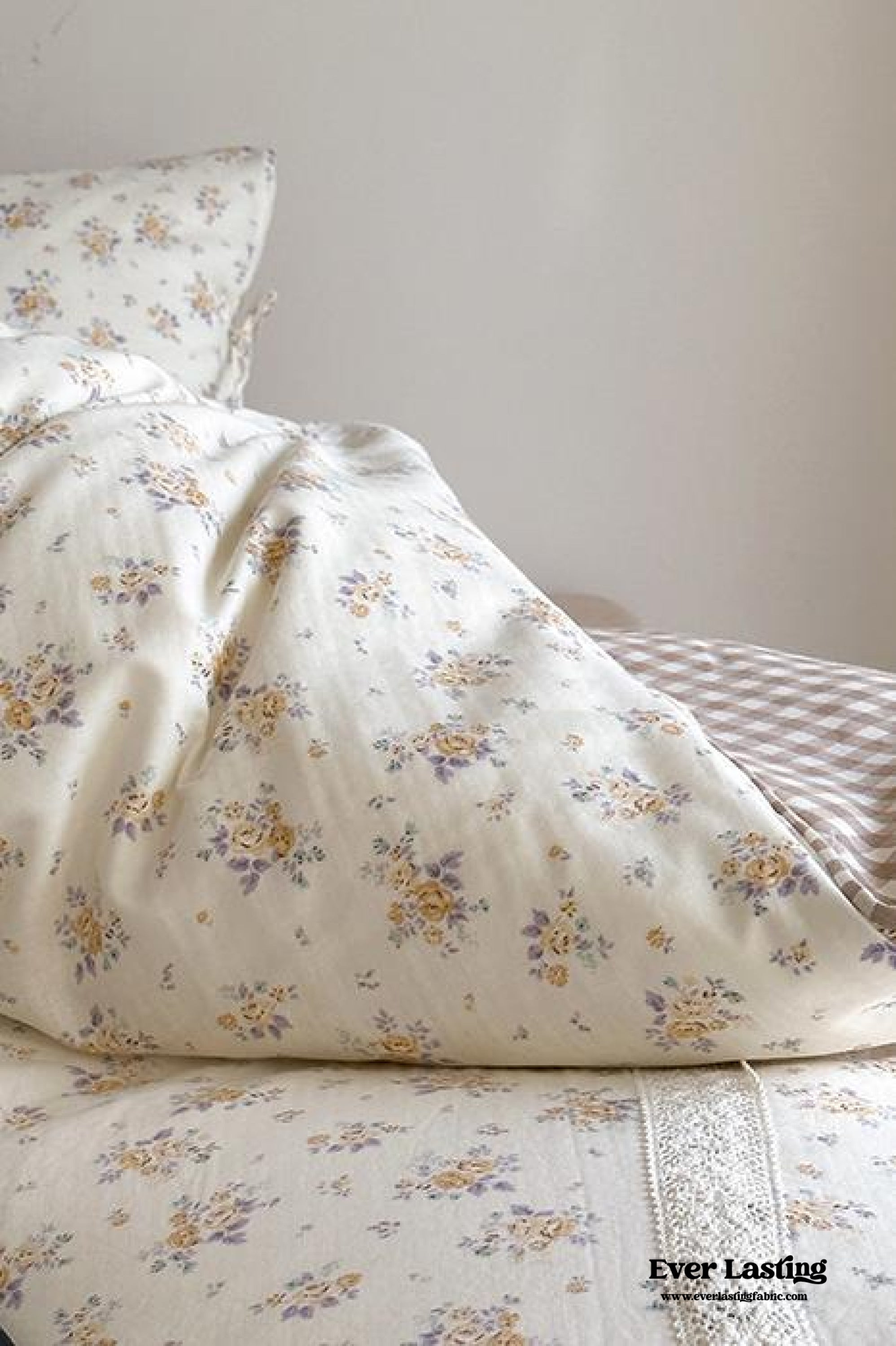 Rosalie Floral Lace Gingham Bedding Set - Pink