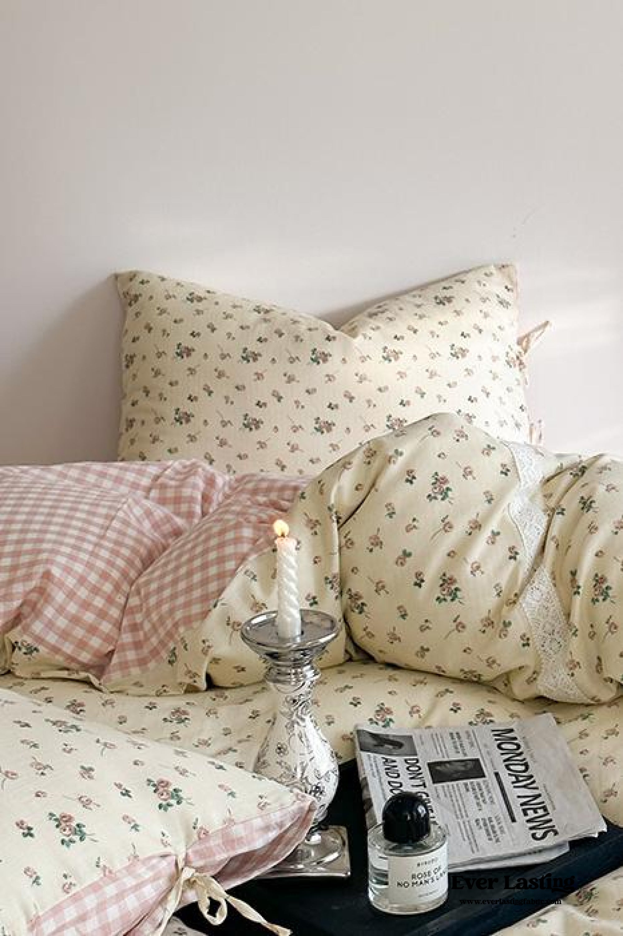 Rosalie Floral Lace Gingham Bedding Set - Pink