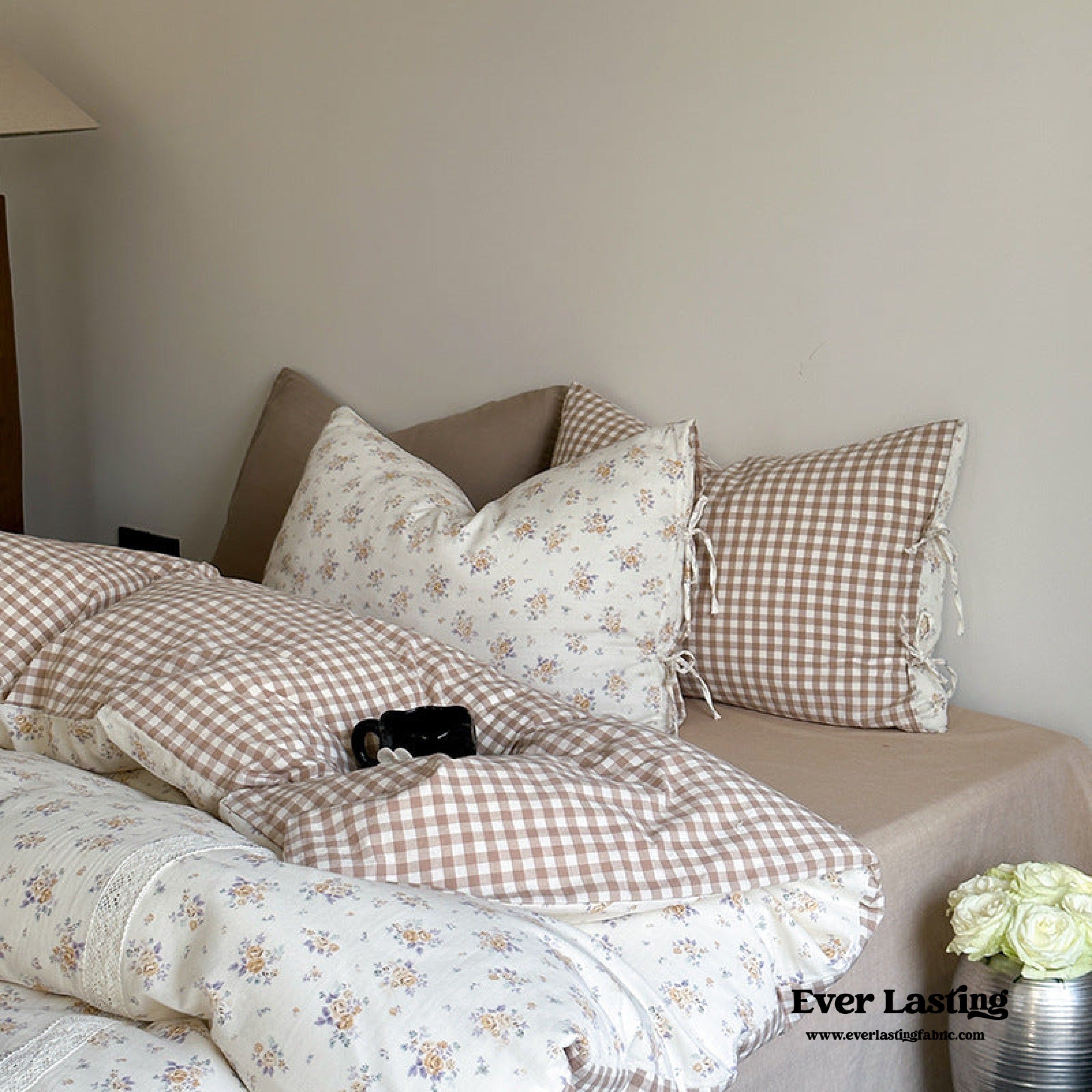 Rosalie Floral Lace Gingham Bedding Set - Pink