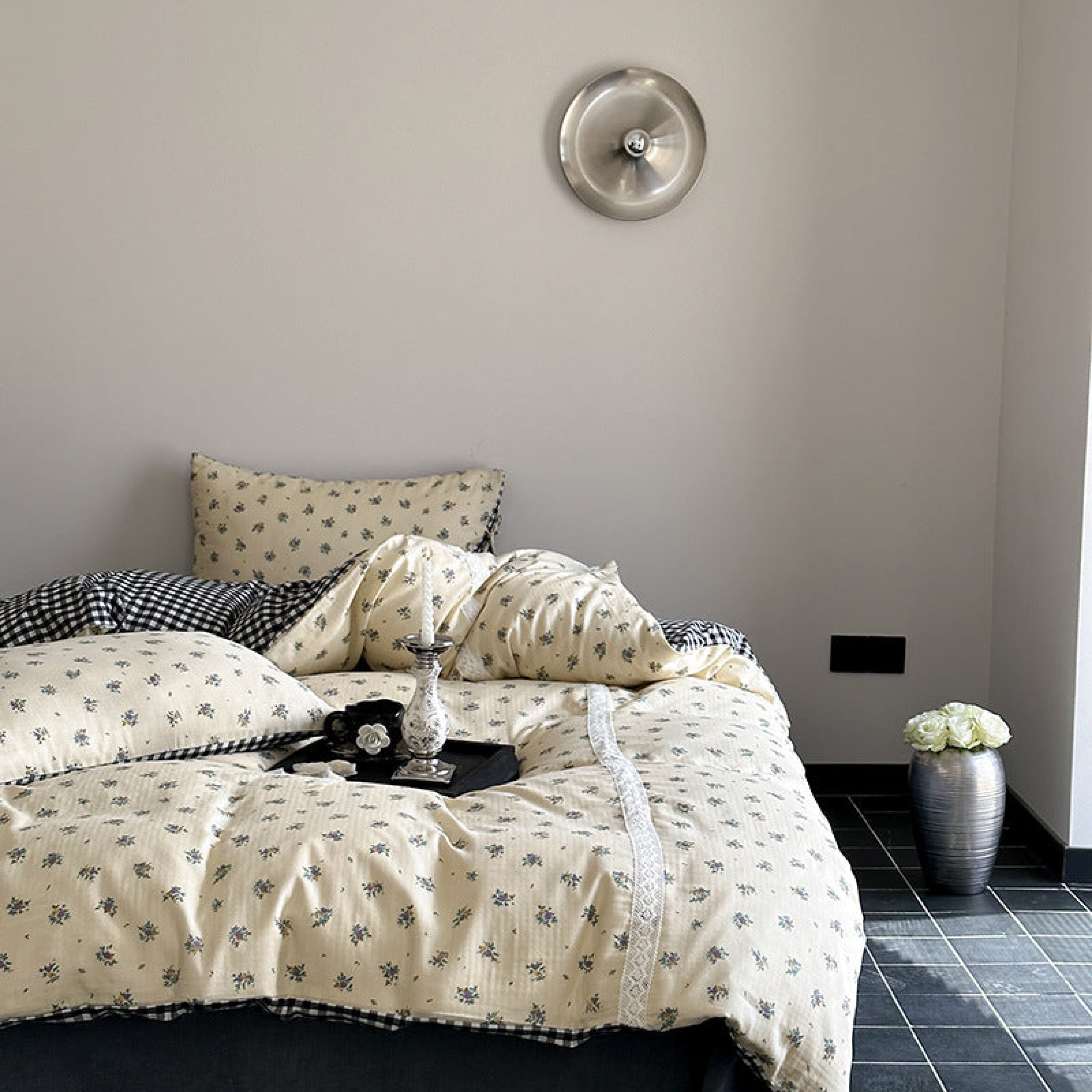Rosalie Floral Lace Gingham Bedding Set - Pink