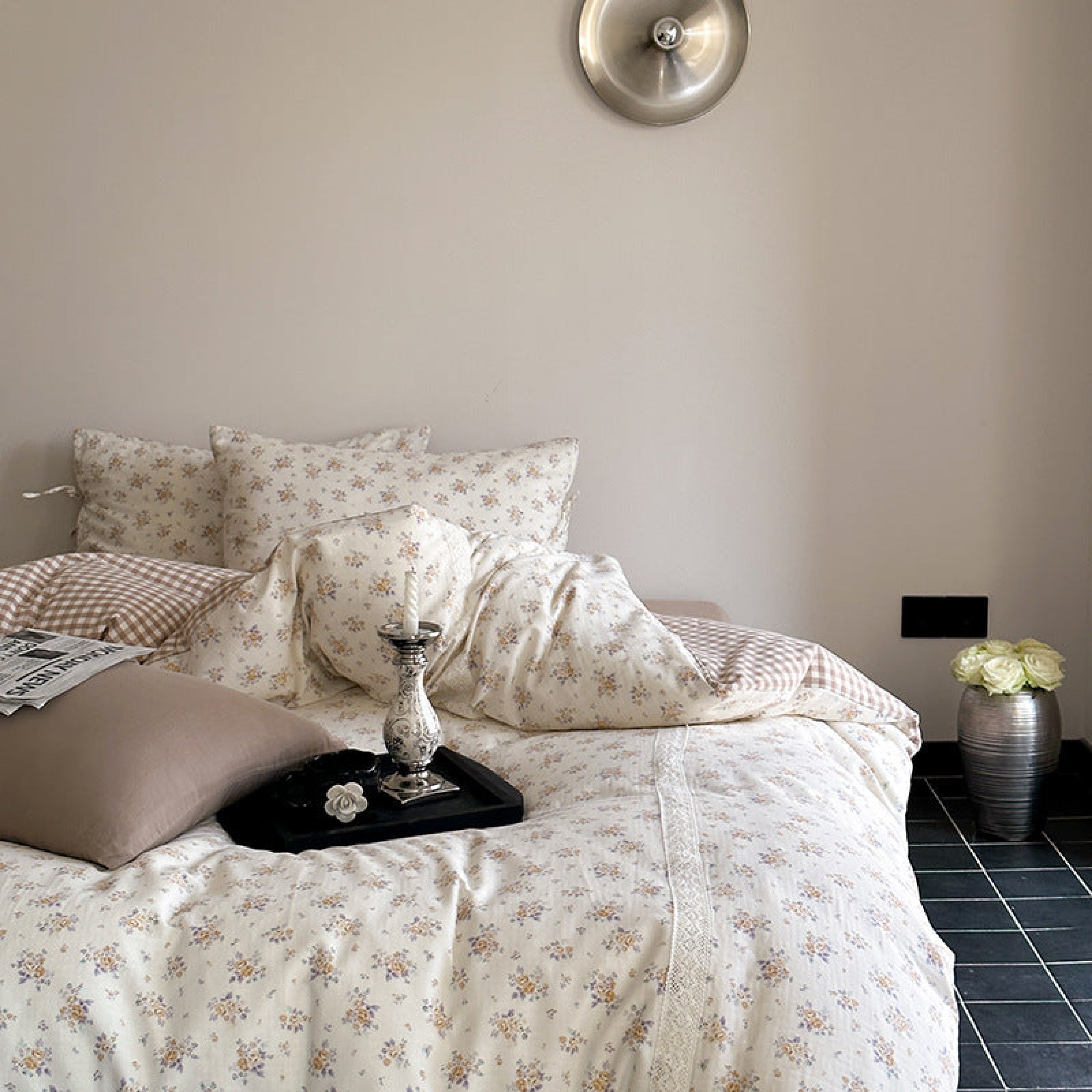 Rosalie Floral Lace Gingham Bedding Set - Pink