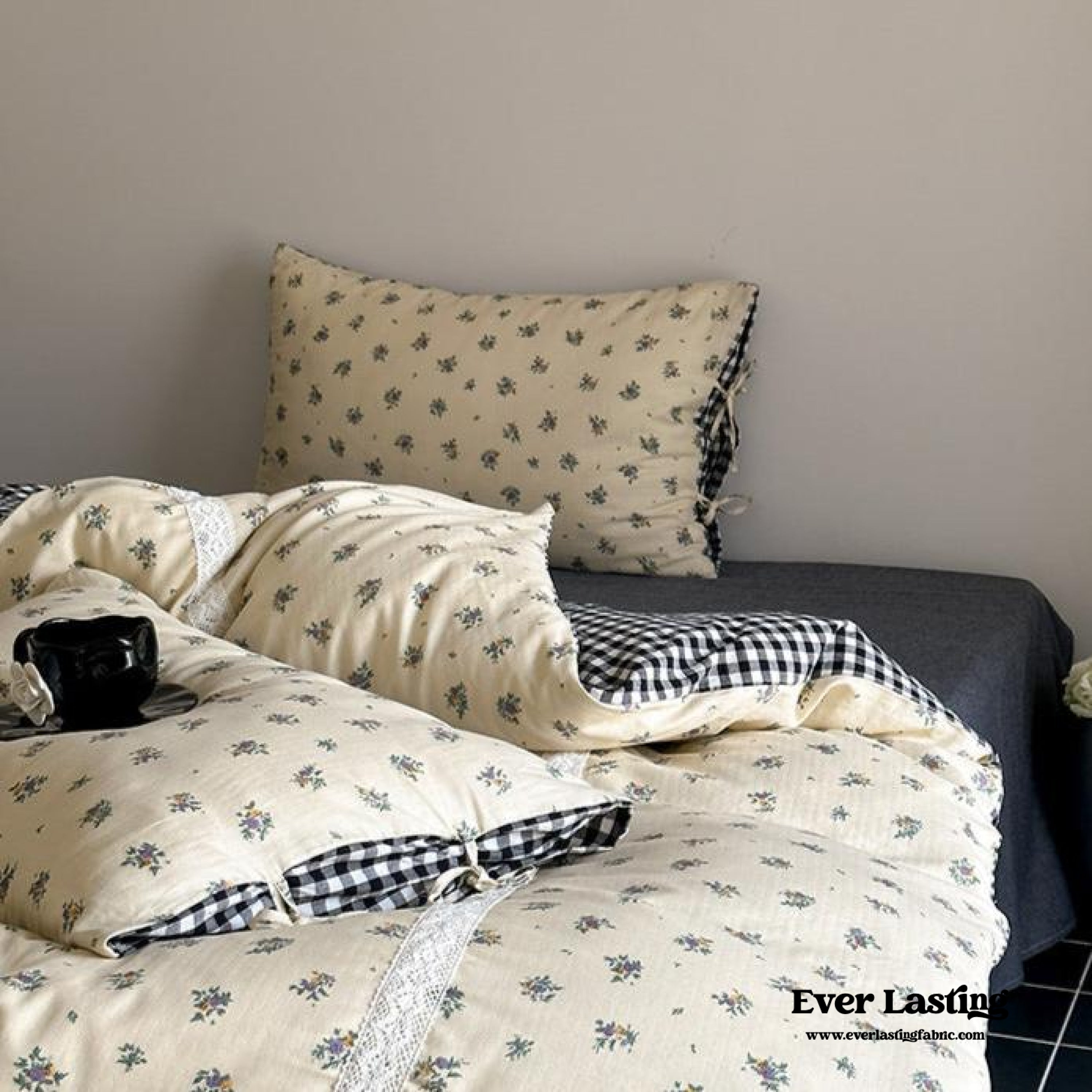 Rosalie Floral Lace Tie-Up Bedding Set - Khaki