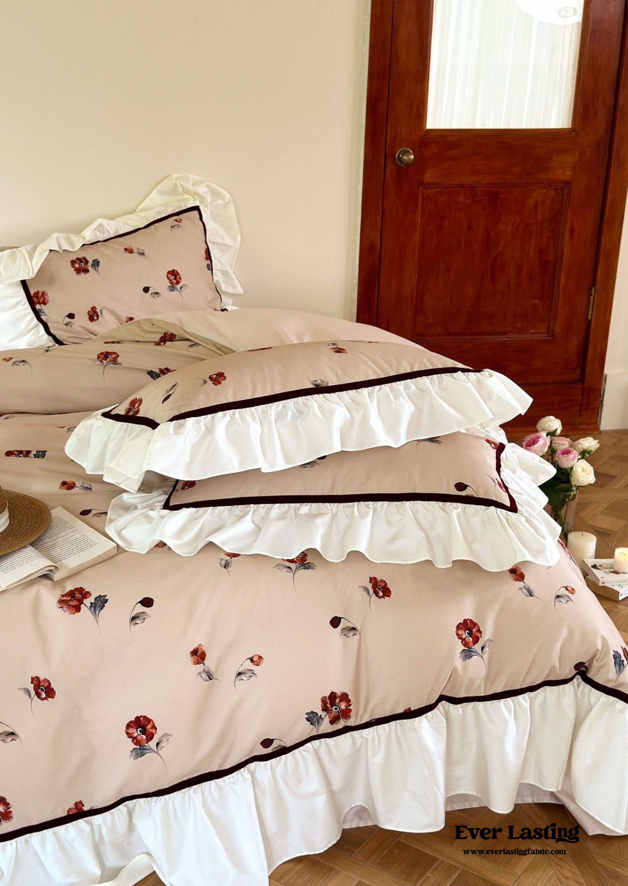 Rosé Floral Ruffle Bedding Set - Pink