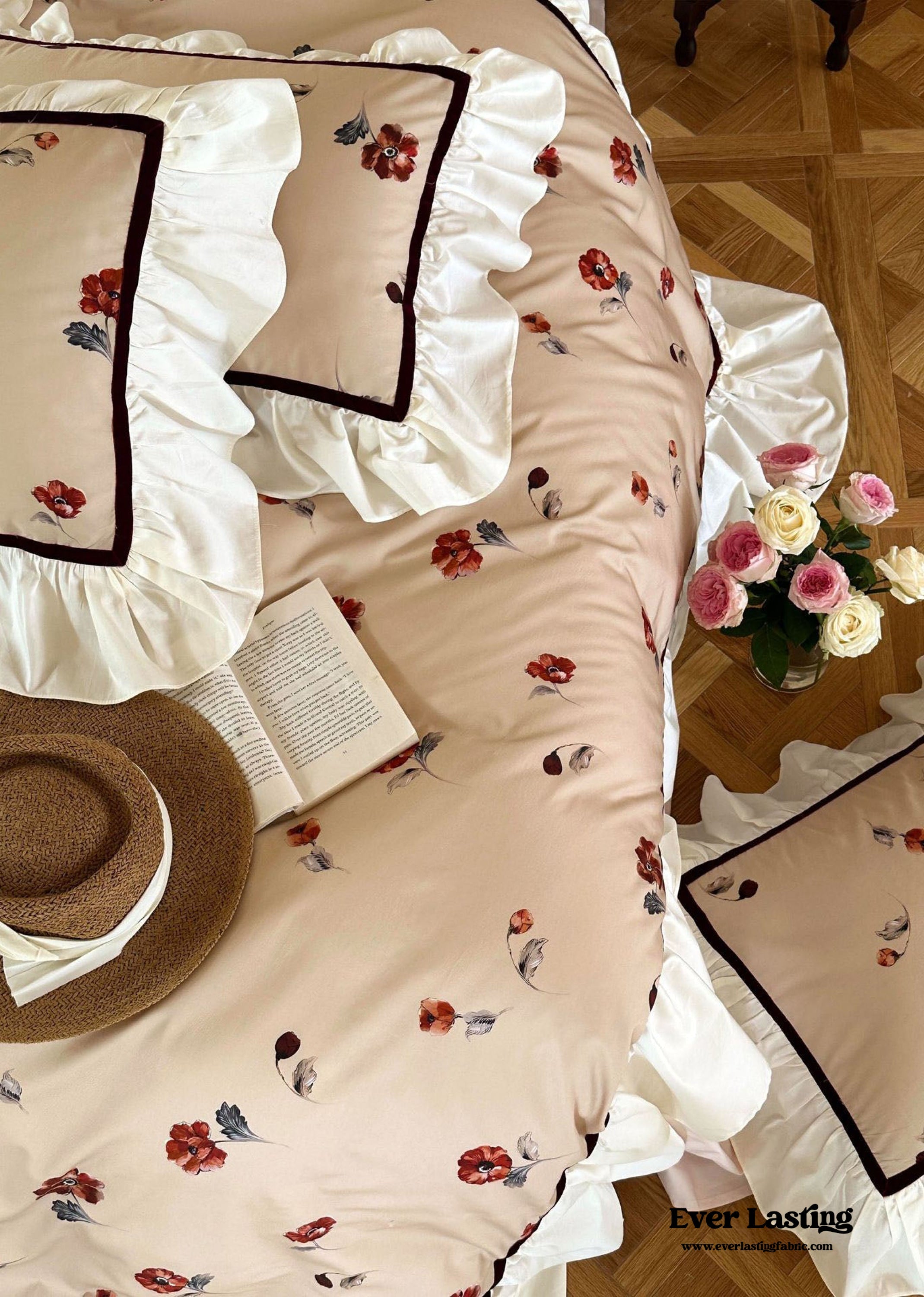 Rosé Floral Ruffle Bedding Set - Pink
