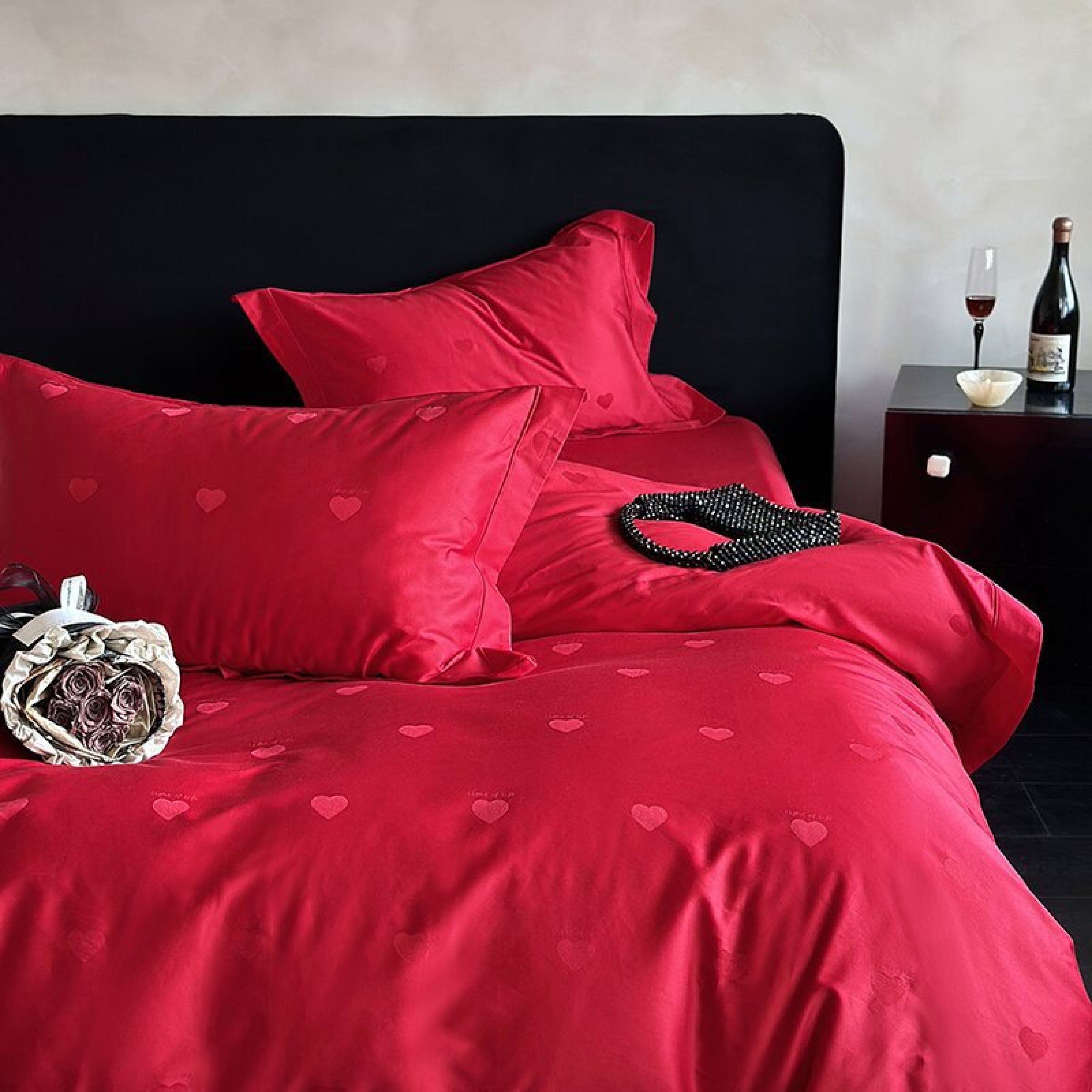 Silky Luxury Heart Jacquard Bedding Set - Pink