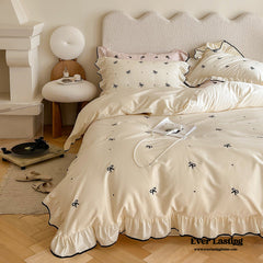 Silky Ribbon Ruffle Bedding Set - Cream White
